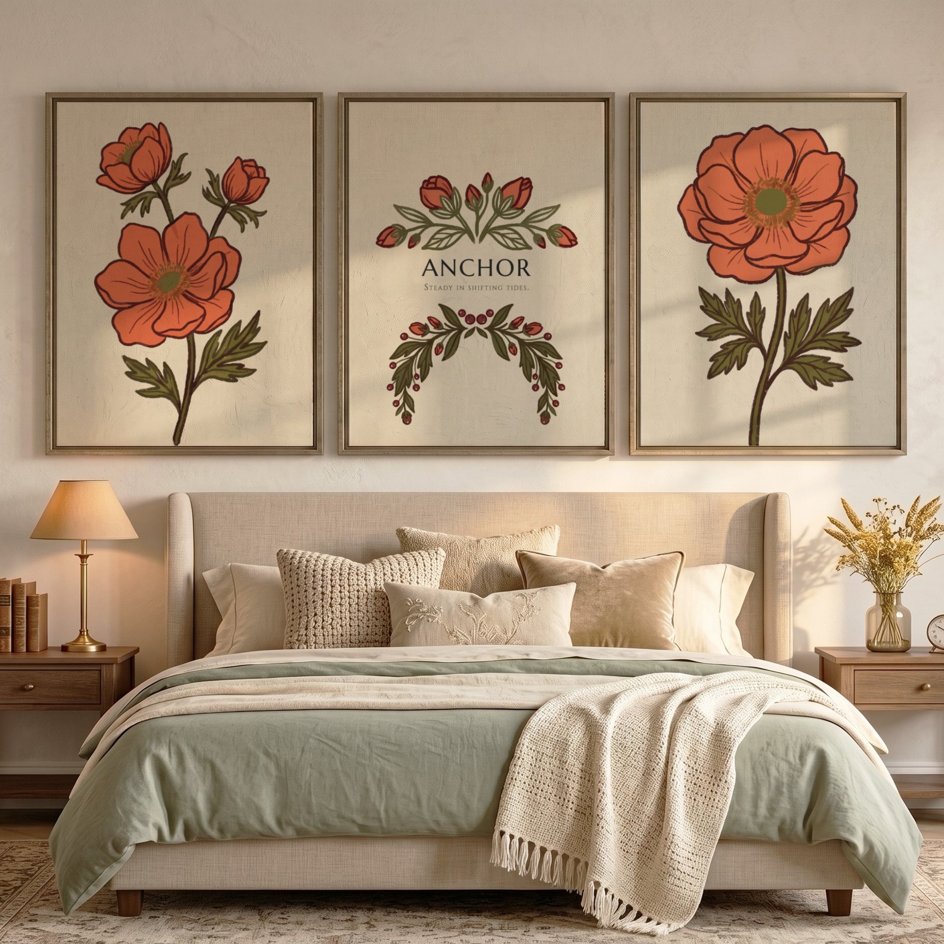 Poster set featuring orange anemone flowers and Anchor text on warm cream background