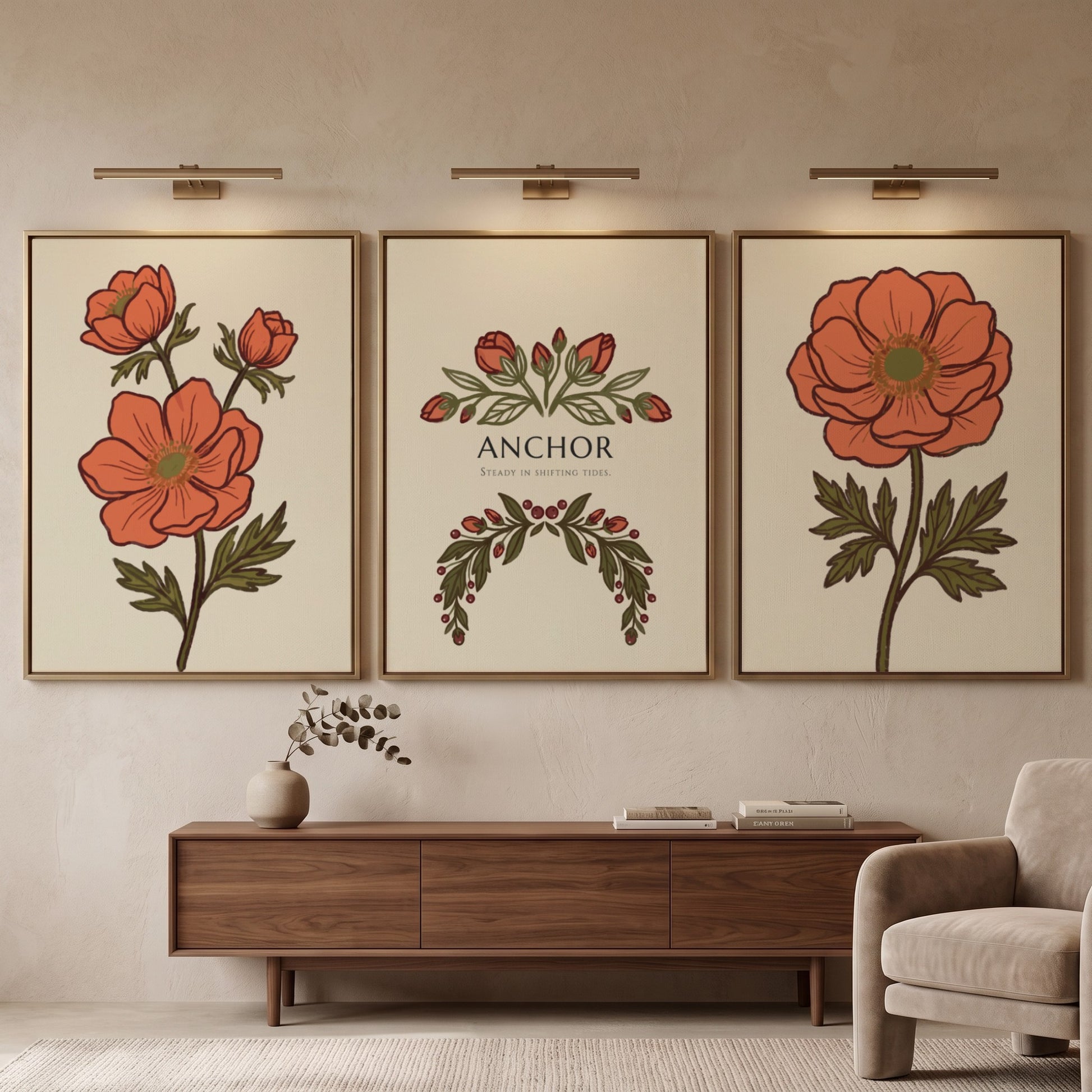 Poster set featuring orange anemone flowers and Anchor text on warm cream background