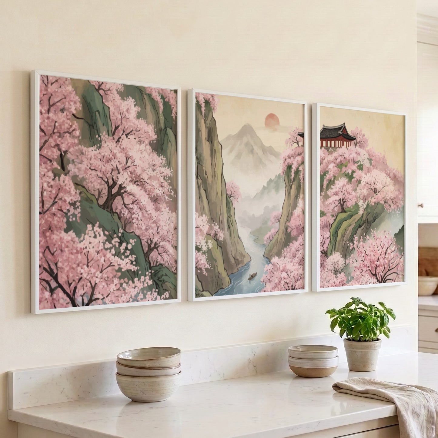 Three piece wall decor set featuring pink cherry blossoms over mountains and river