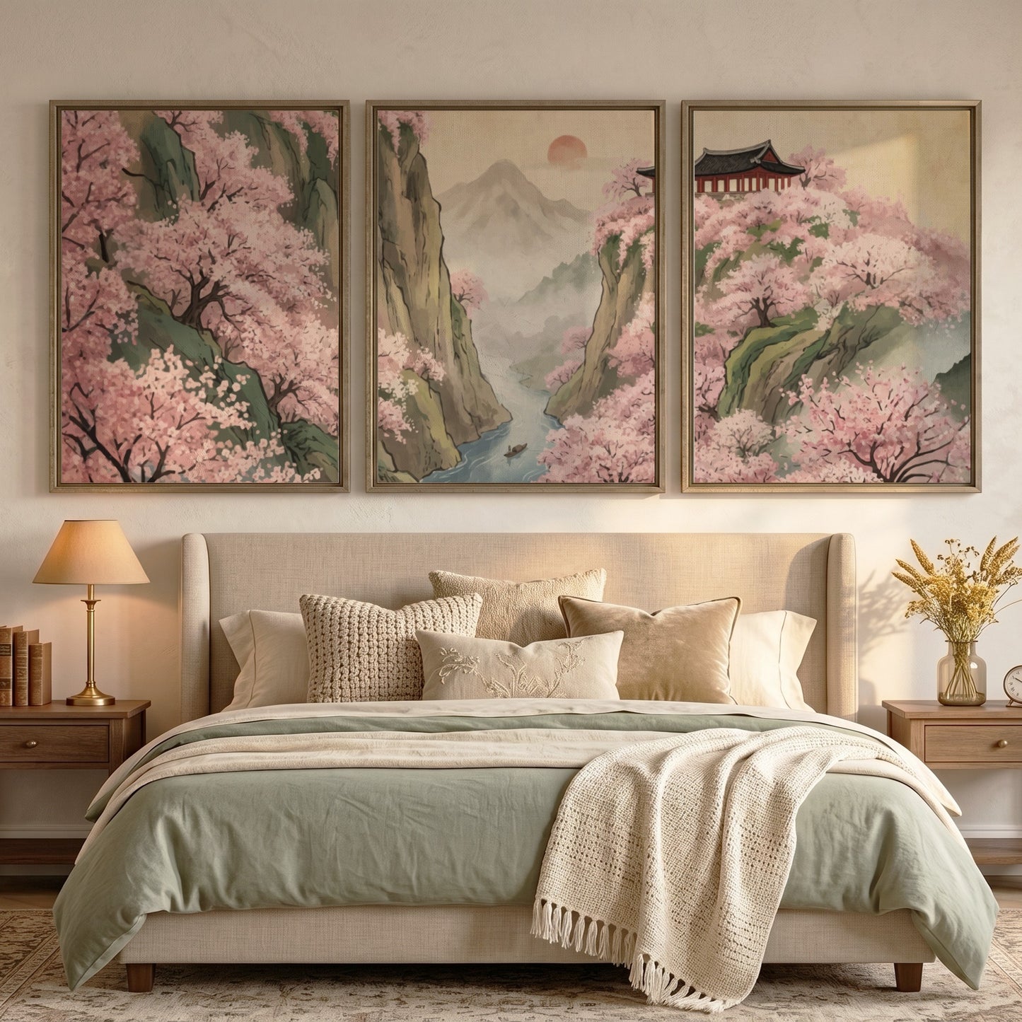 Three piece wall decor set featuring pink cherry blossoms over mountains and river