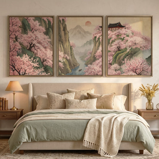 Three piece wall decor set featuring pink cherry blossoms over mountains and river