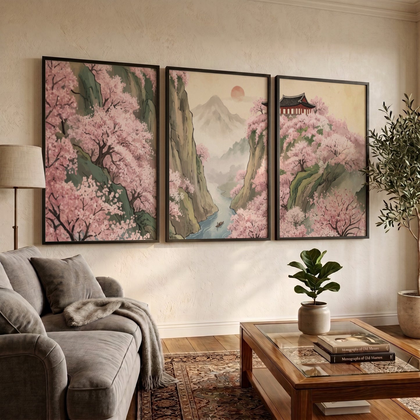 Three piece wall decor set featuring pink cherry blossoms over mountains and river