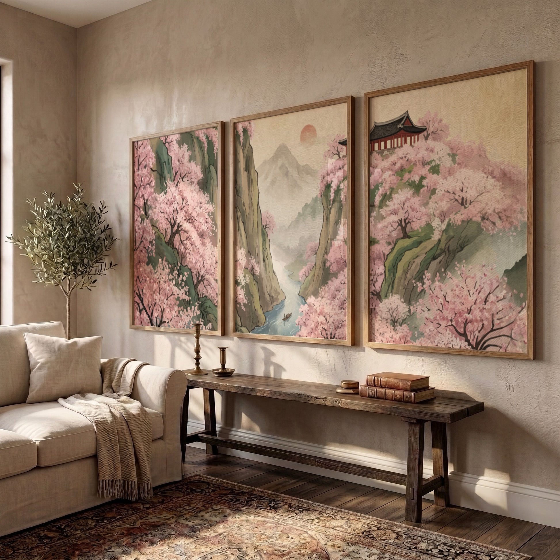 Three piece wall decor set featuring pink cherry blossoms over mountains and river