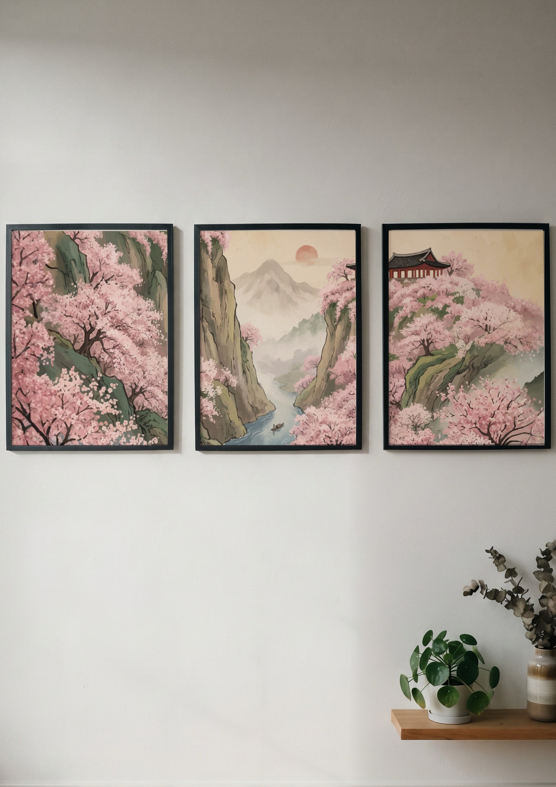 Three piece wall decor set featuring pink cherry blossoms over mountains and river