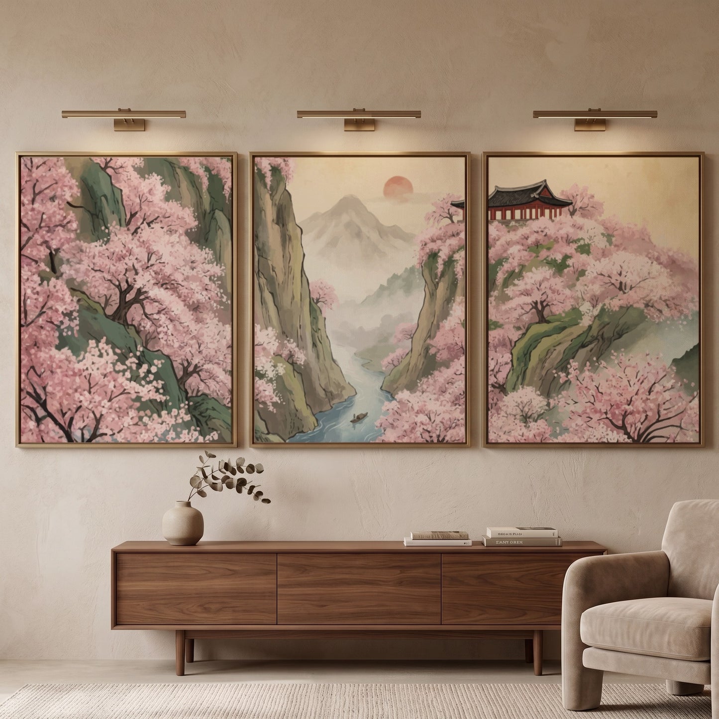 Three piece wall decor set featuring pink cherry blossoms over mountains and river