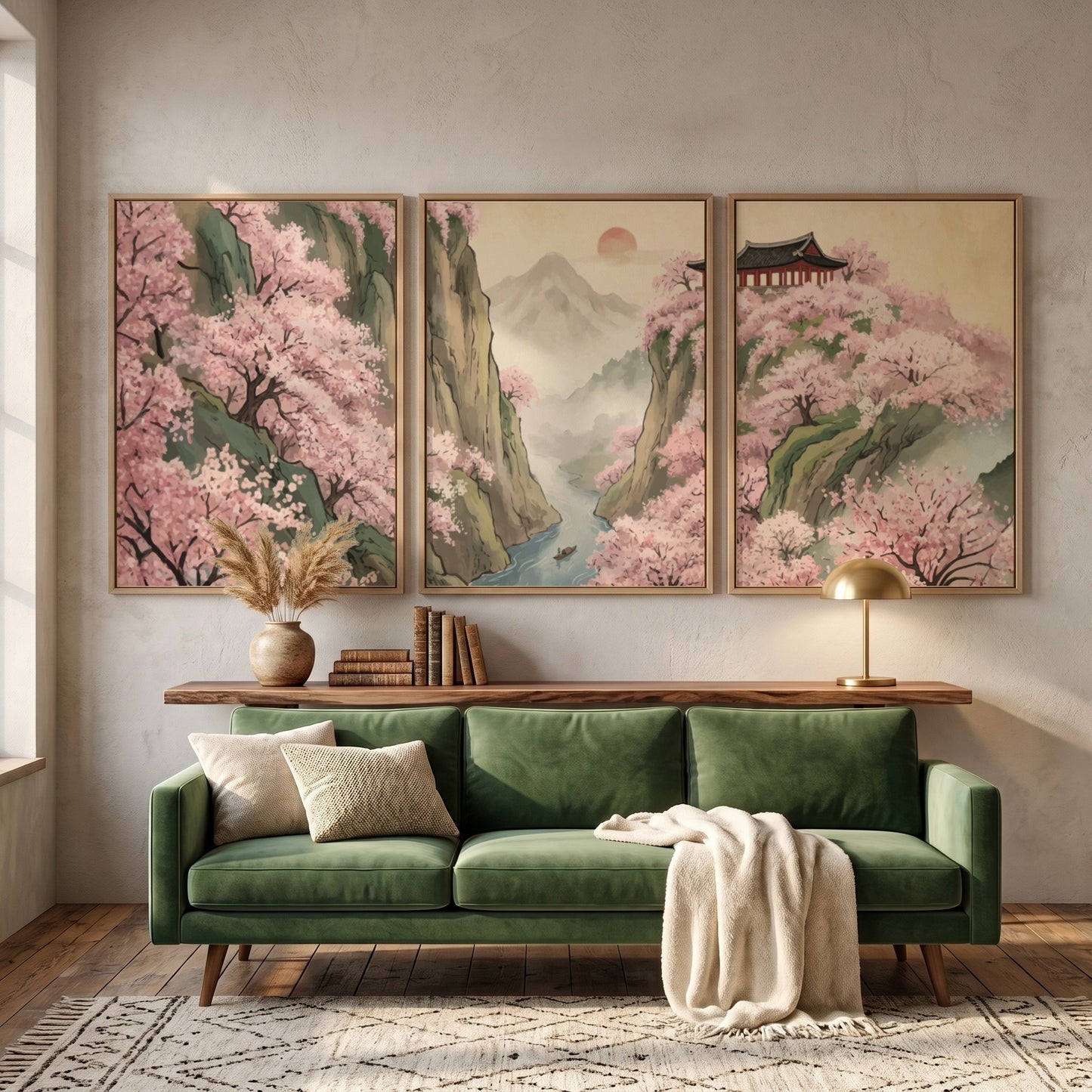Three piece wall decor set featuring pink cherry blossoms over mountains and river