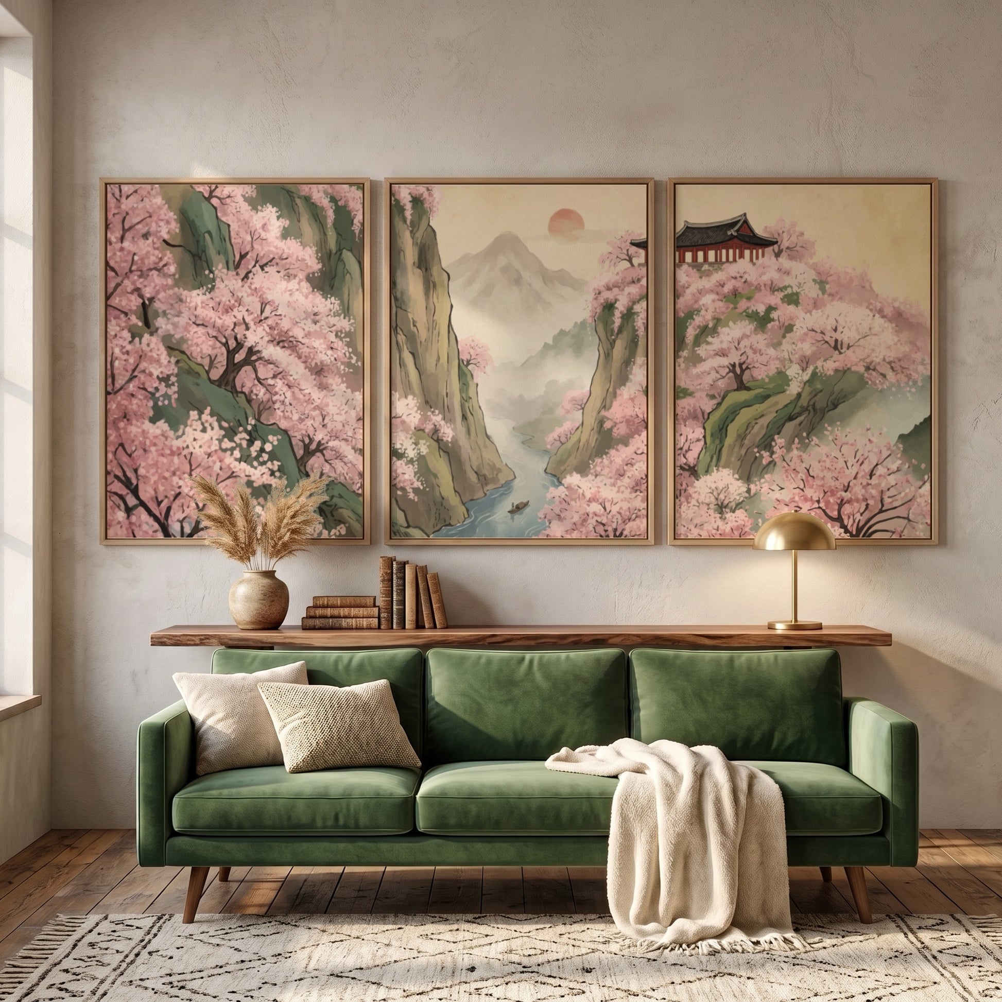 Three piece wall decor set featuring pink cherry blossoms over mountains and river