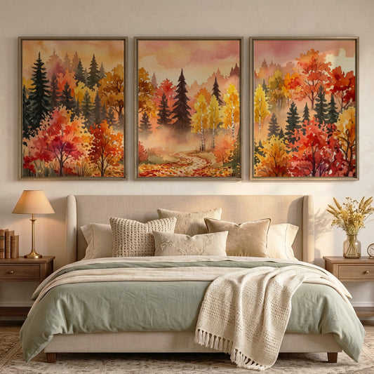 Three framed watercolor paintings of an autumn forest with orange and yellow trees