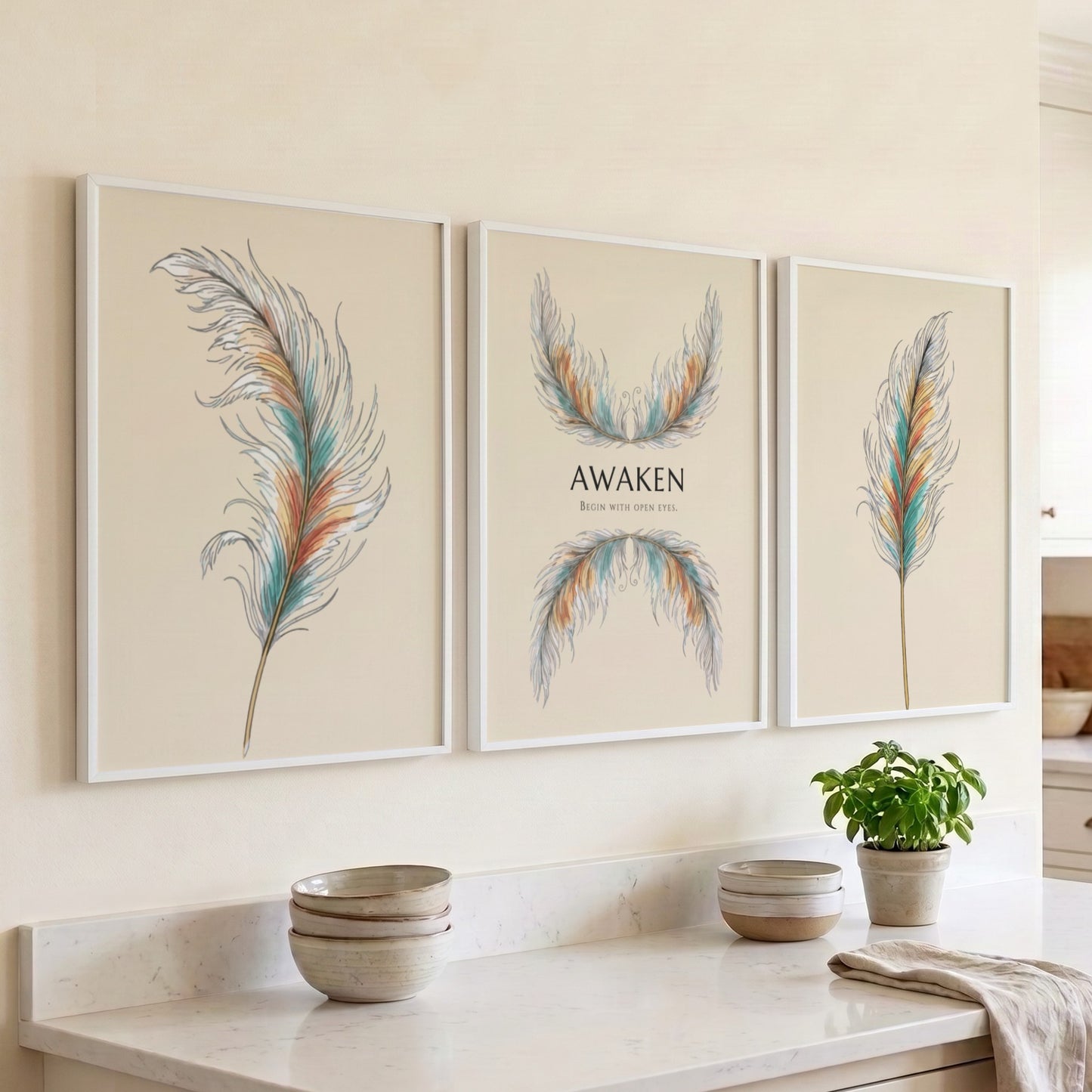 Poster set featuring three panels with detailed teal and gold feathers and text.