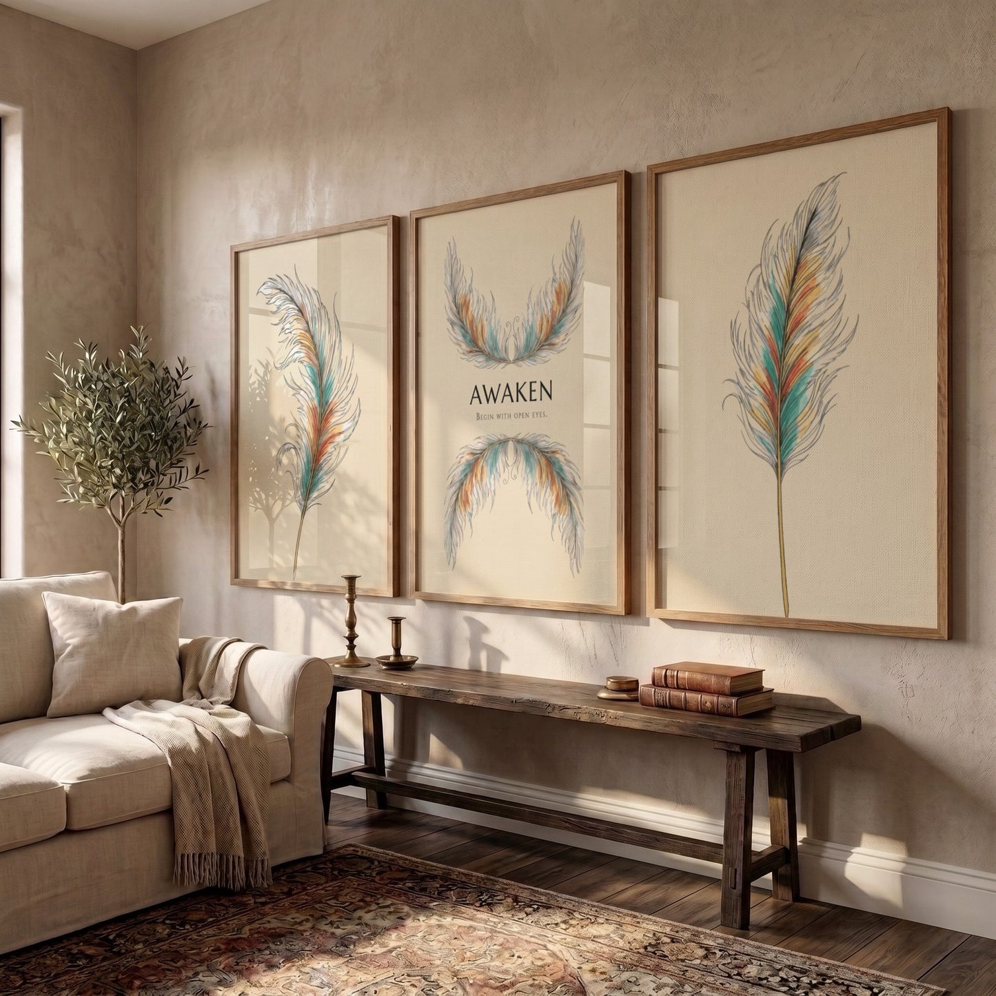 Poster set featuring three panels with detailed teal and gold feathers and text.