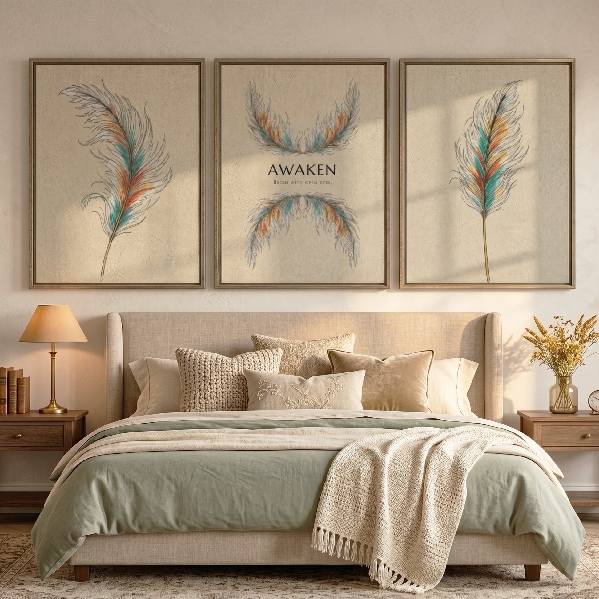 Poster set featuring three panels with detailed teal and gold feathers and text.
