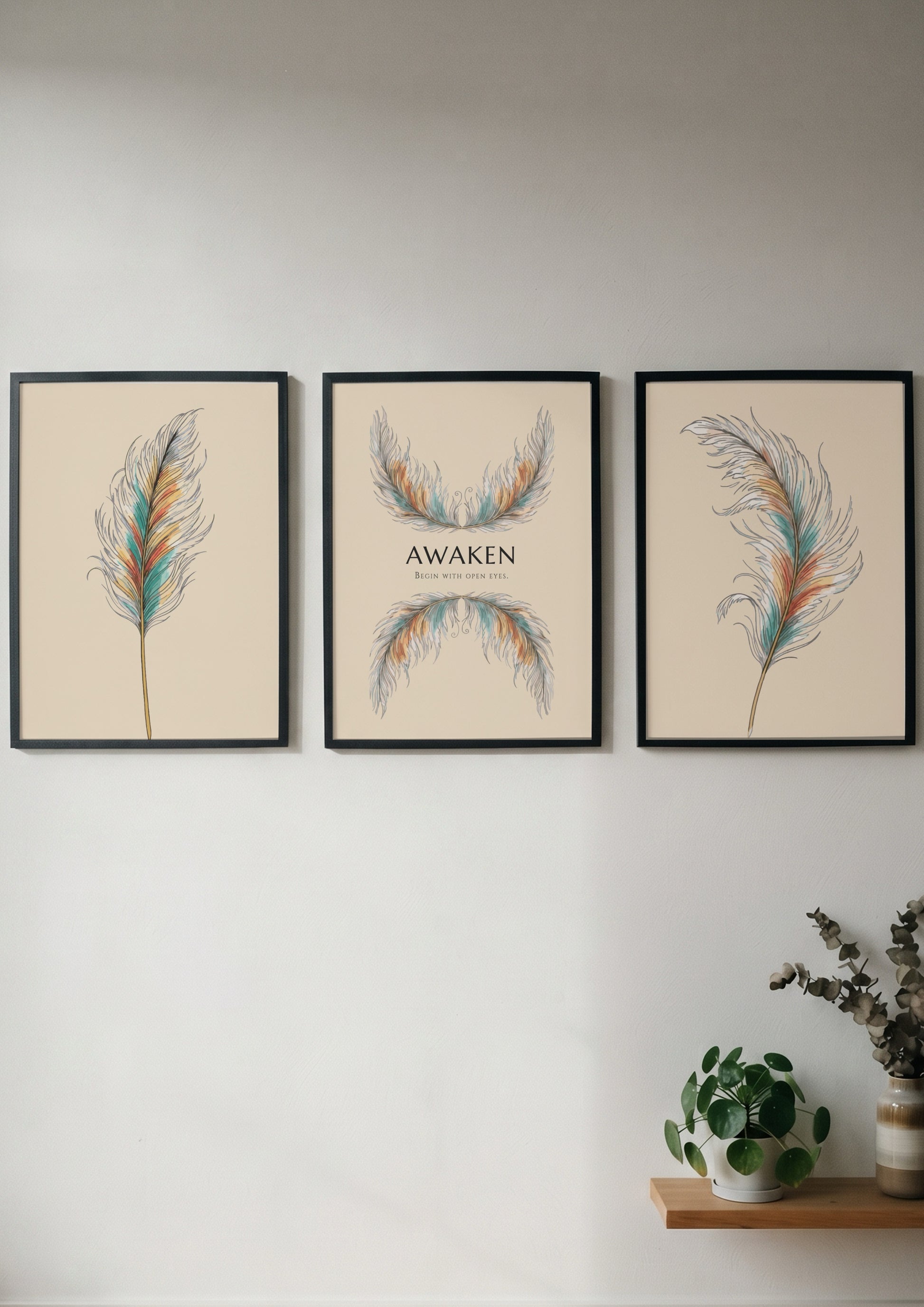 Poster set featuring three panels with detailed teal and gold feathers and text.