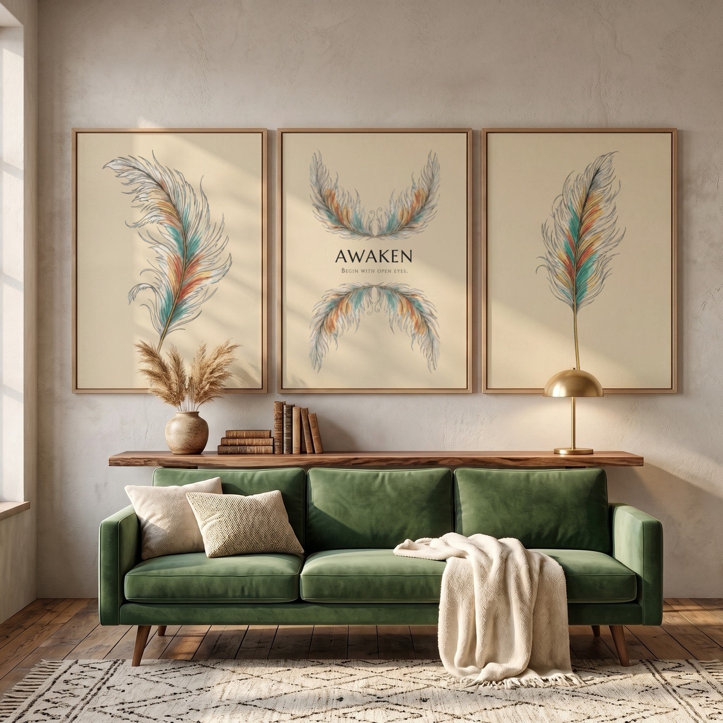 Poster set featuring three panels with detailed teal and gold feathers and text.
