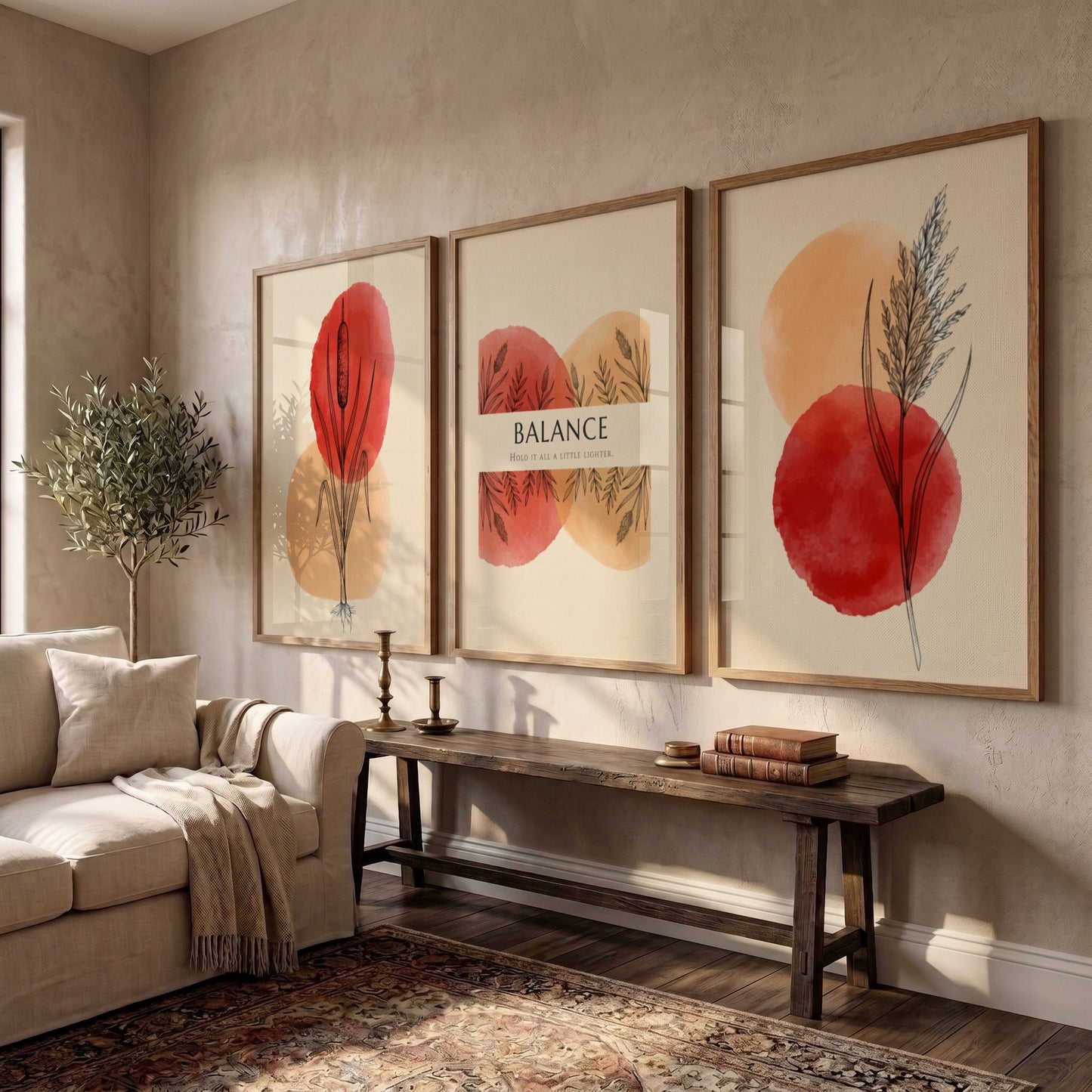 Poster set featuring three botanical prints with watercolour reeds and Balance text elements.