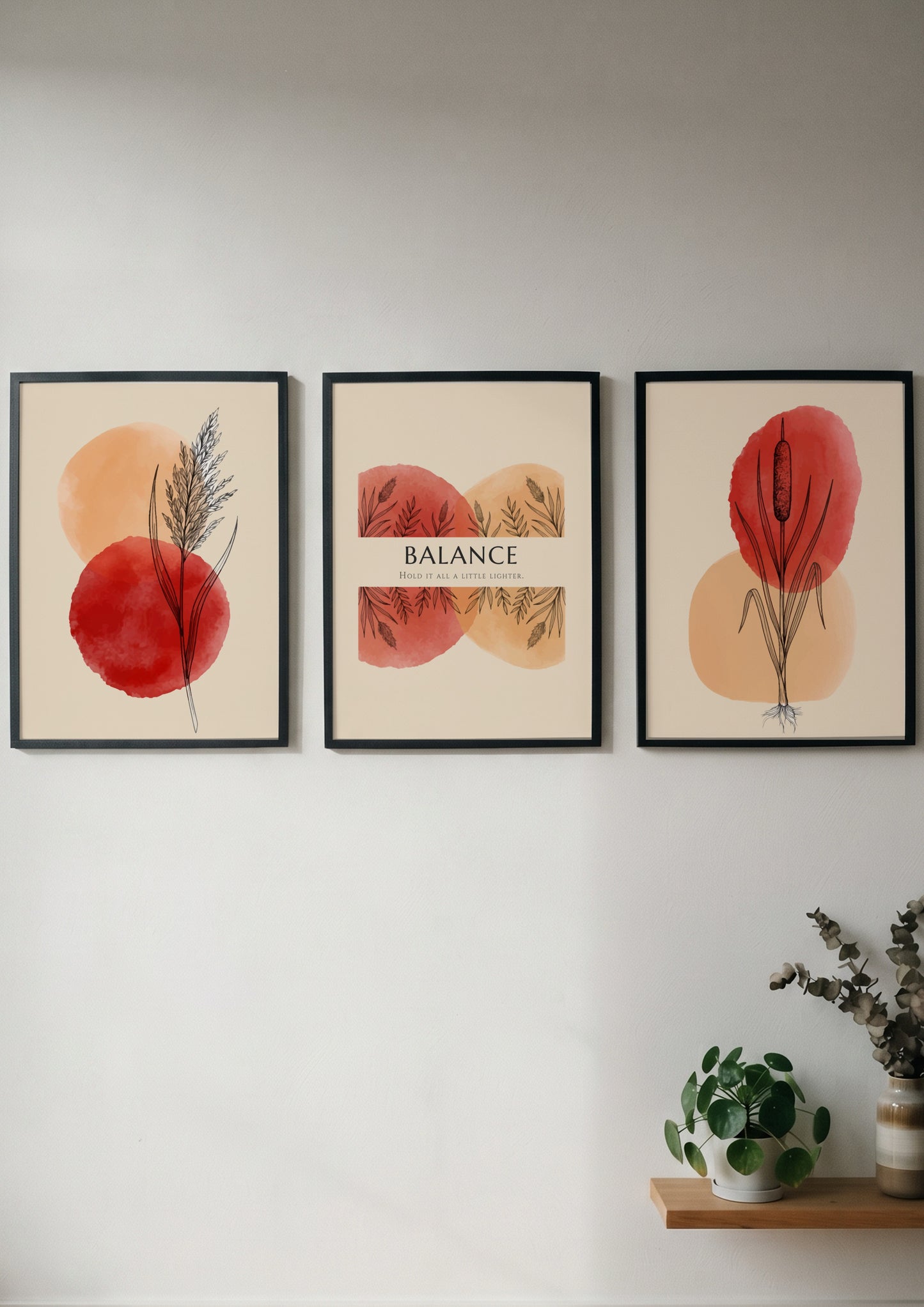 Poster set featuring three botanical prints with watercolour reeds and Balance text elements.