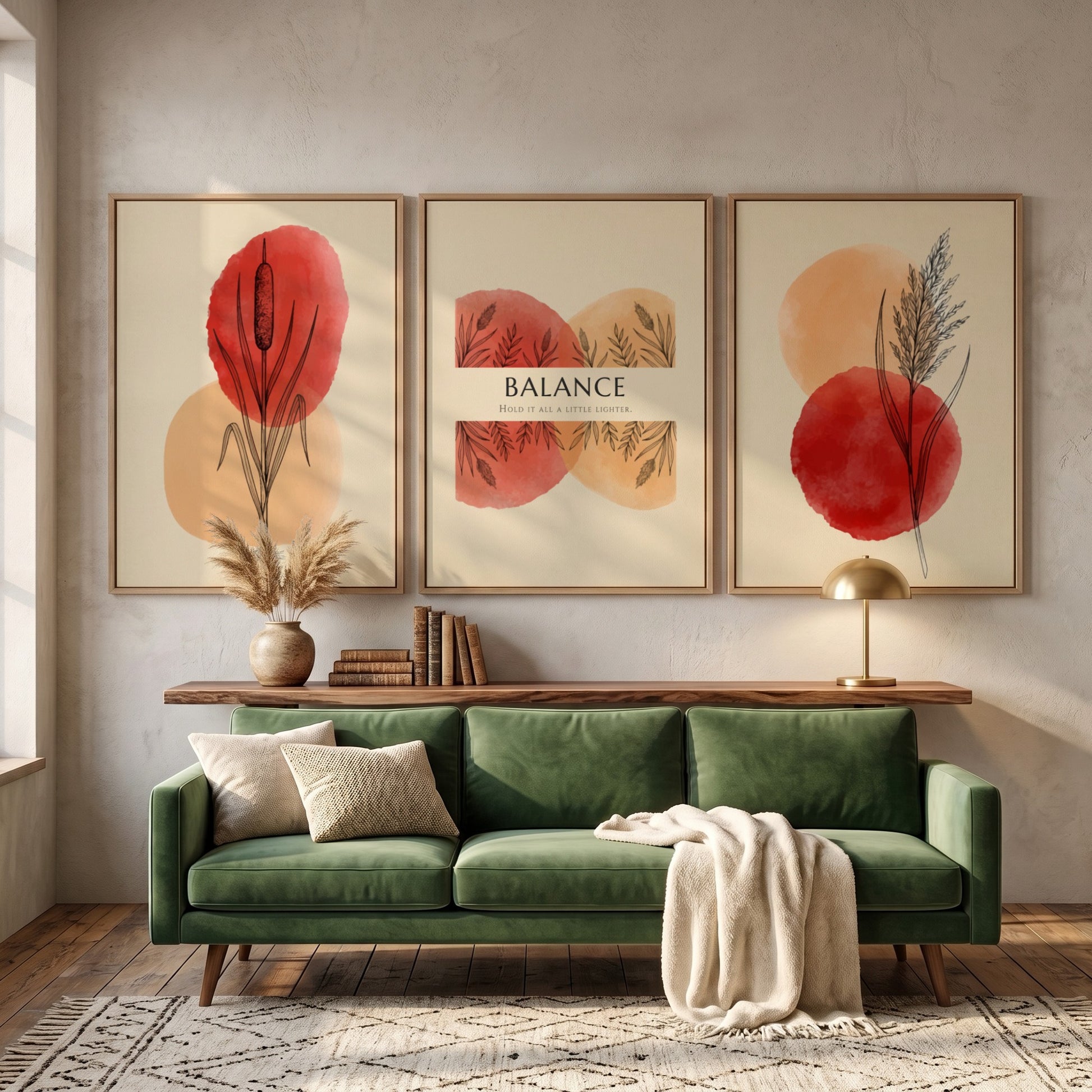 Poster set featuring three botanical prints with watercolour reeds and Balance text elements.