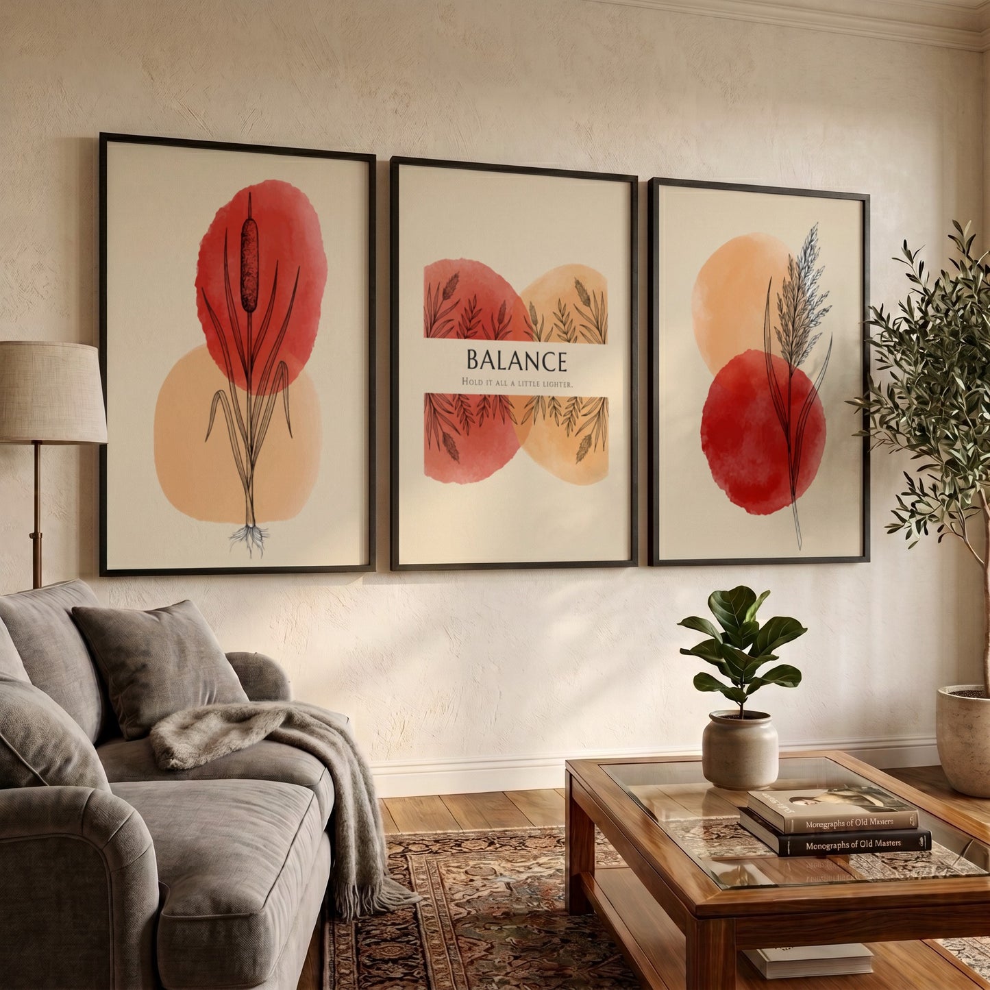 Poster set featuring three botanical prints with watercolour reeds and Balance text elements.