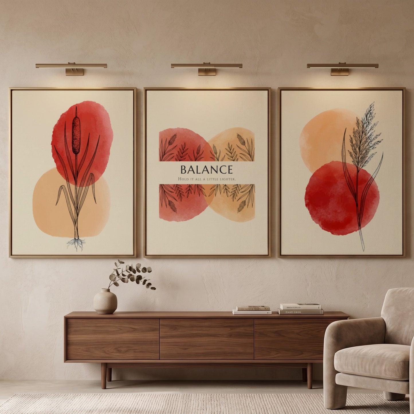 Poster set featuring three botanical prints with watercolour reeds and Balance text elements.