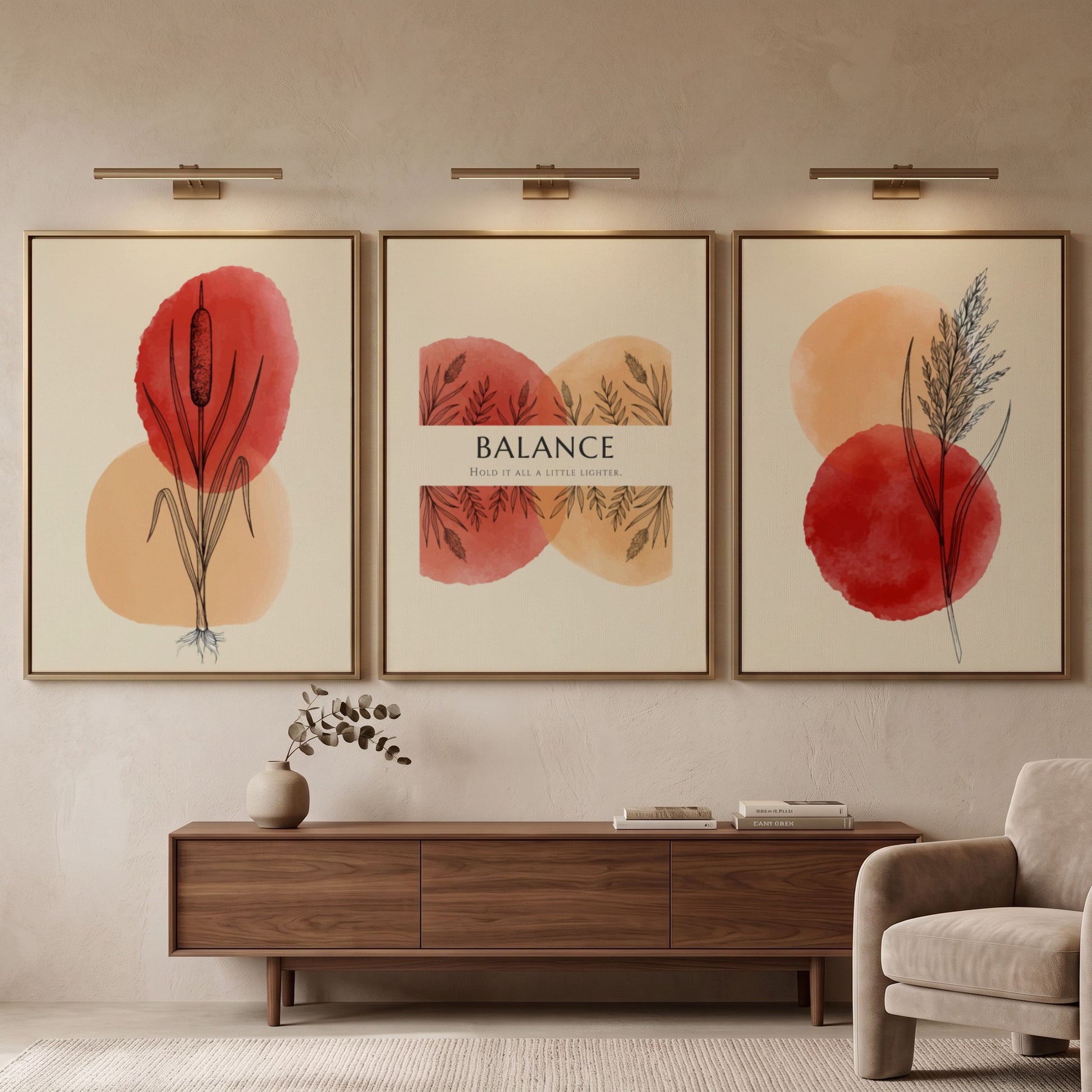 Poster set featuring three botanical prints with watercolour reeds and Balance text elements.