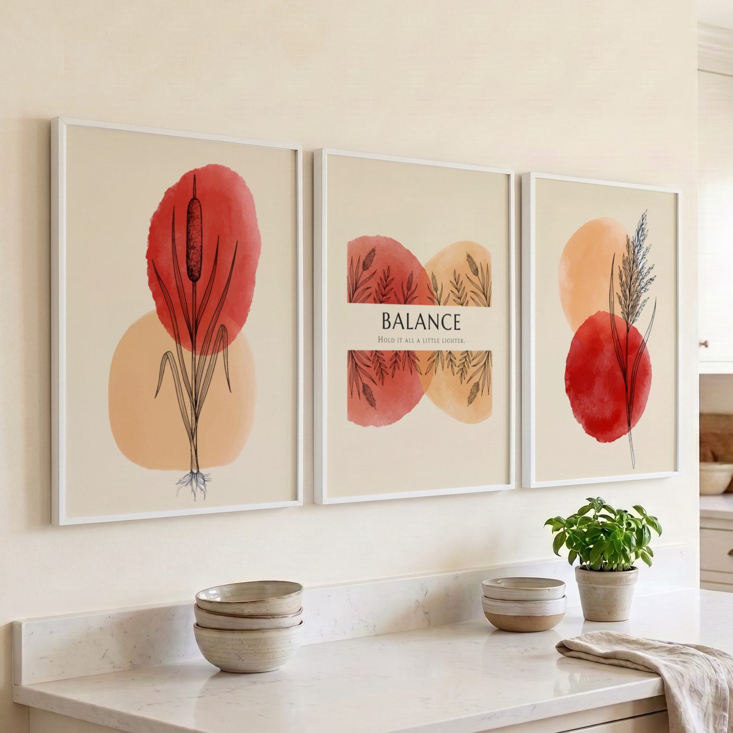 Poster set featuring three botanical prints with watercolour reeds and Balance text elements.