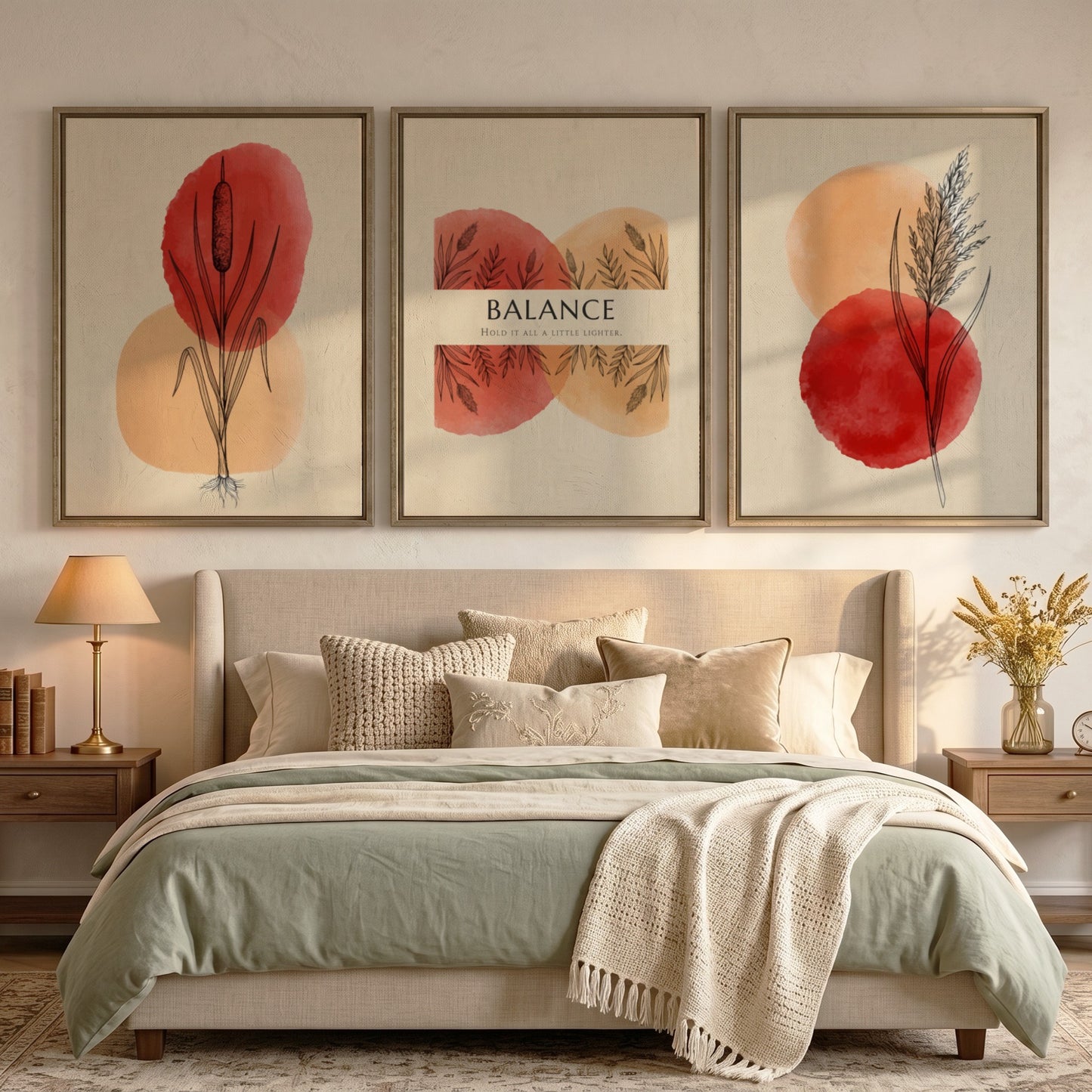 Poster set featuring three botanical prints with watercolour reeds and Balance text elements.