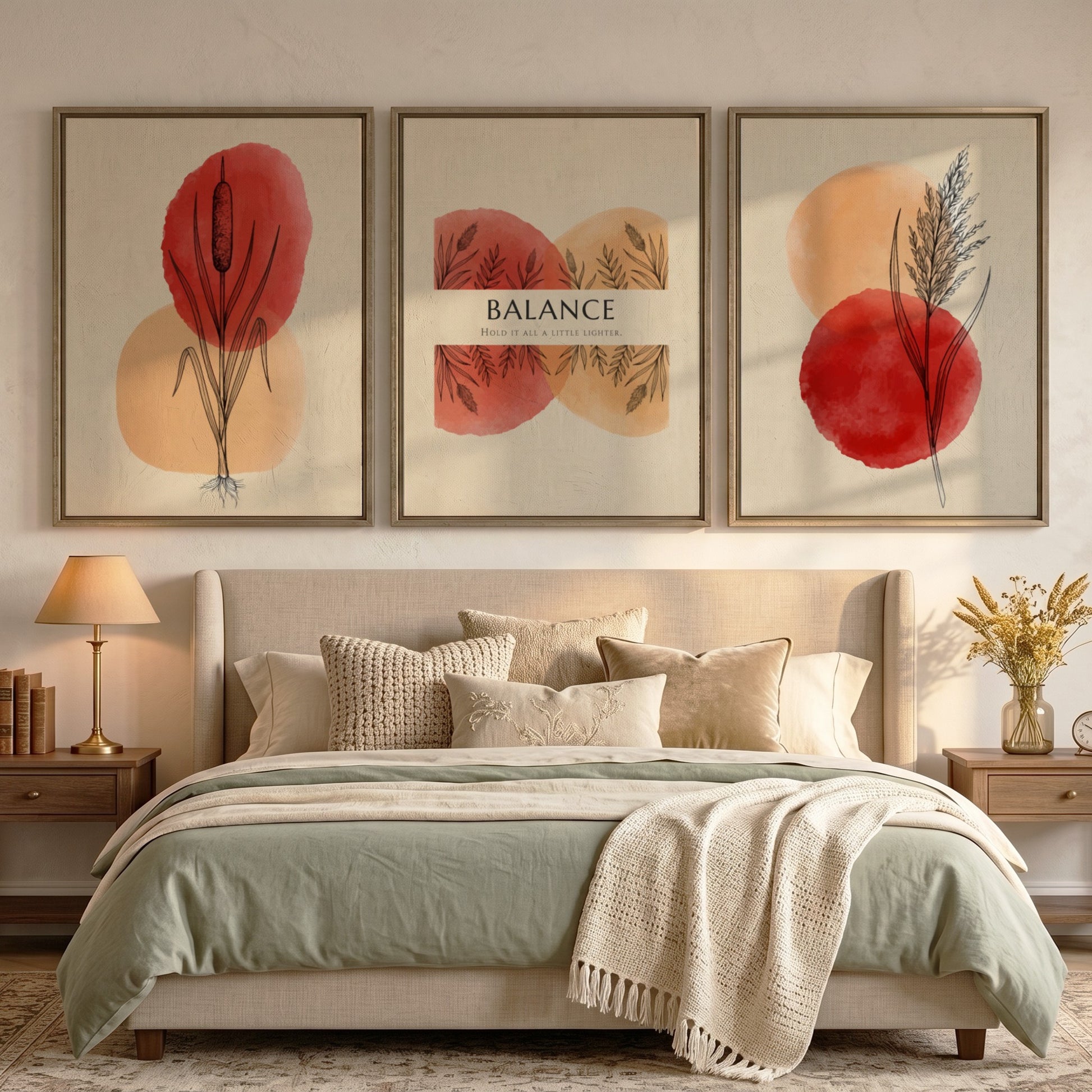Poster set featuring three botanical prints with watercolour reeds and Balance text elements.