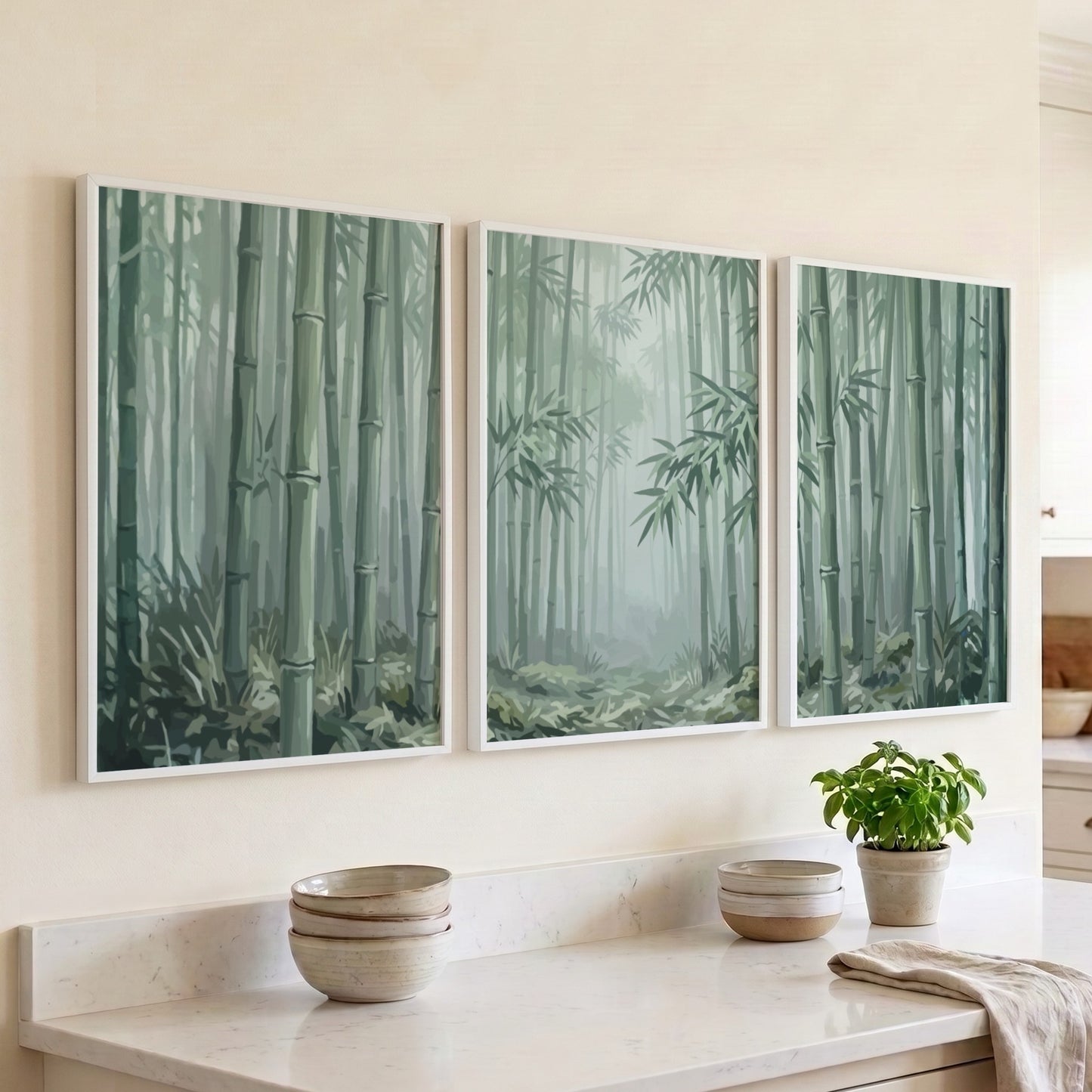 Triptych wall decor featuring a misty bamboo forest in soft green and grey tones