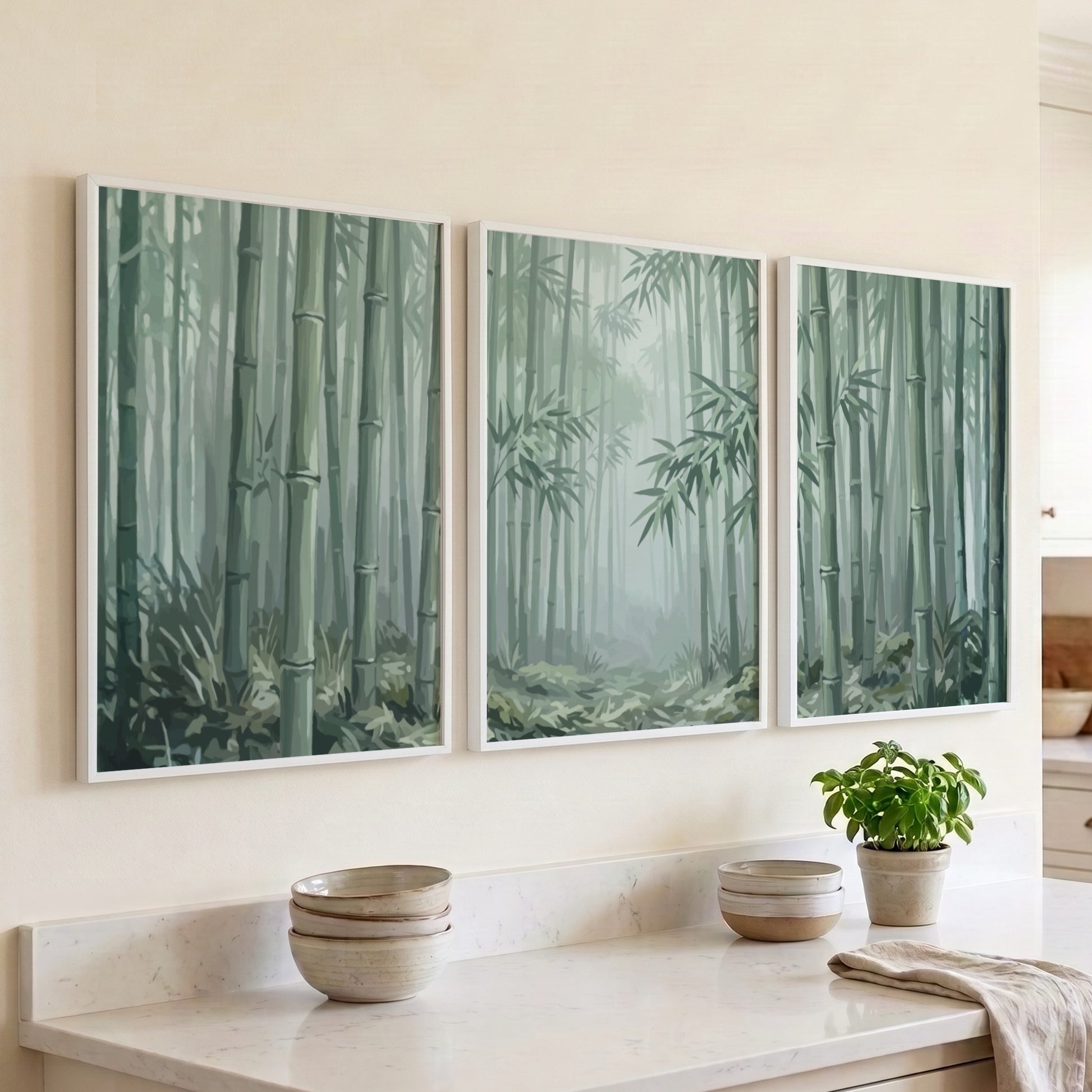 Triptych wall decor featuring a misty bamboo forest in soft green and grey tones