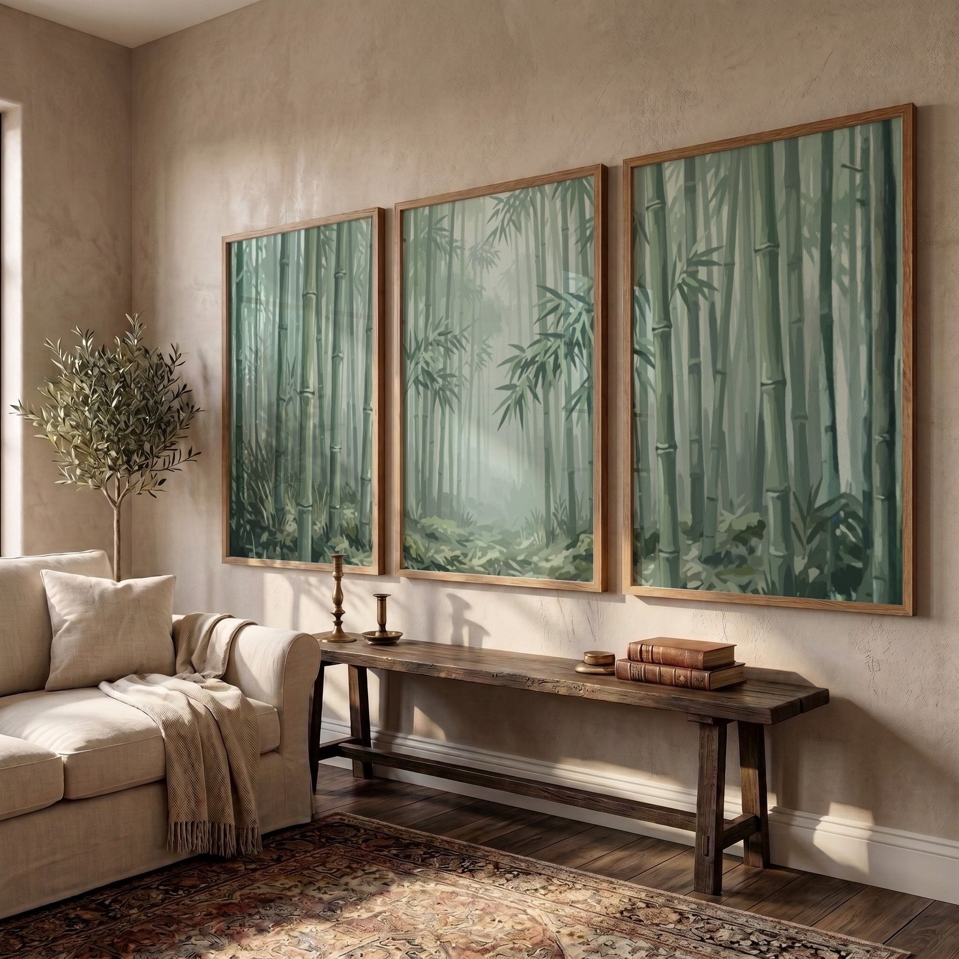 Triptych wall decor featuring a misty bamboo forest in soft green and grey tones