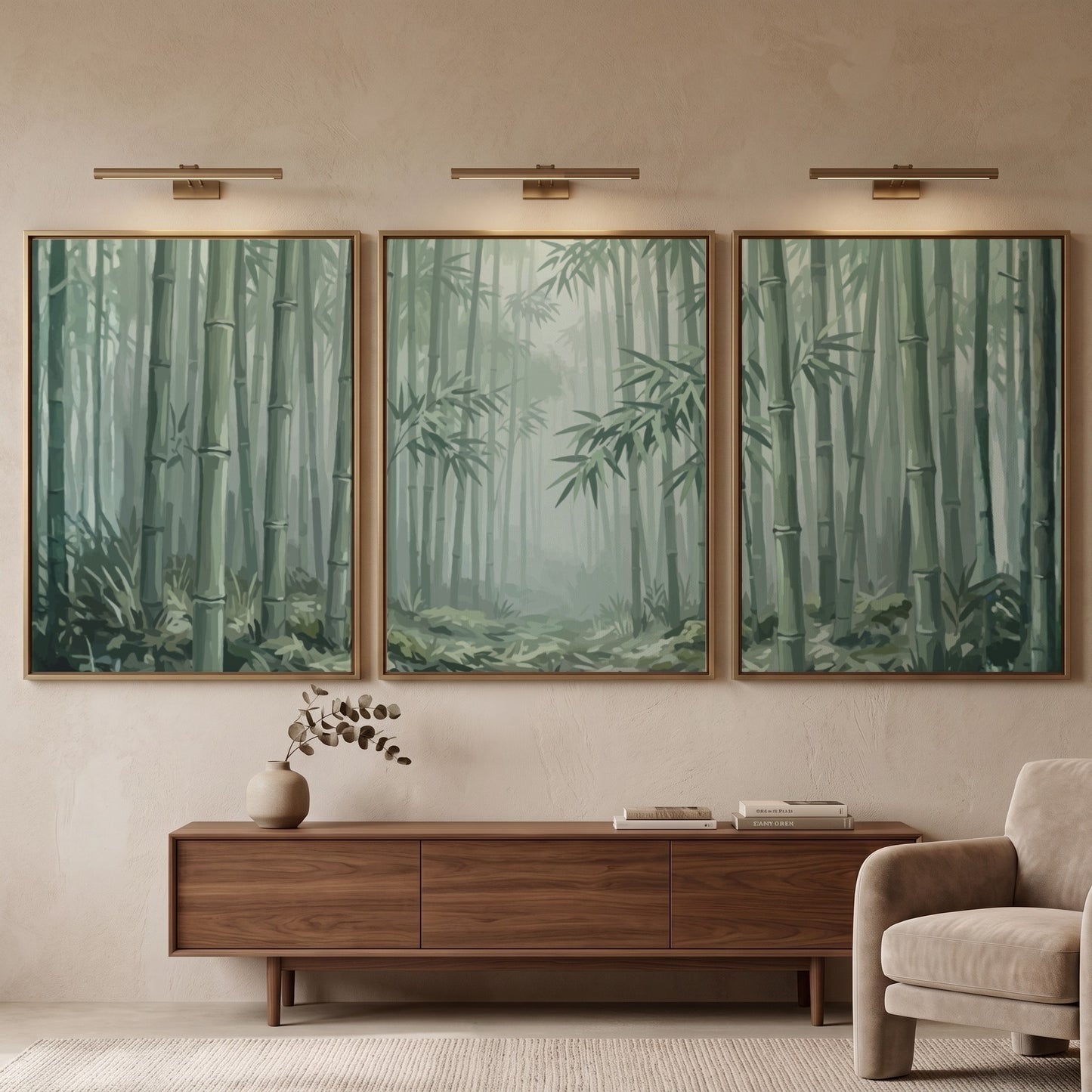 Triptych wall decor featuring a misty bamboo forest in soft green and grey tones