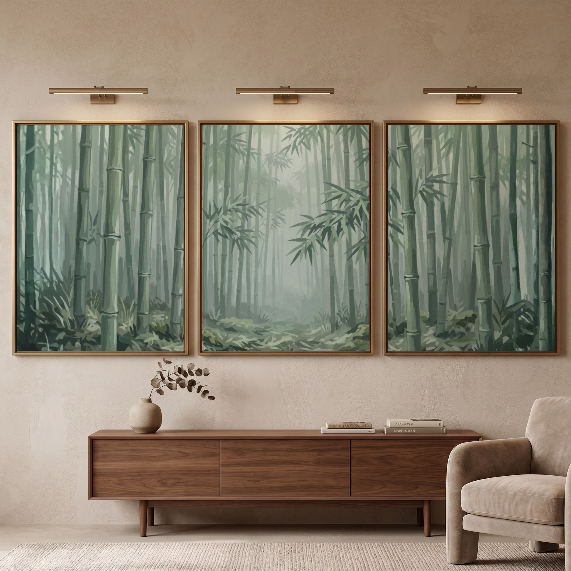 Triptych wall decor featuring a misty bamboo forest in soft green and grey tones