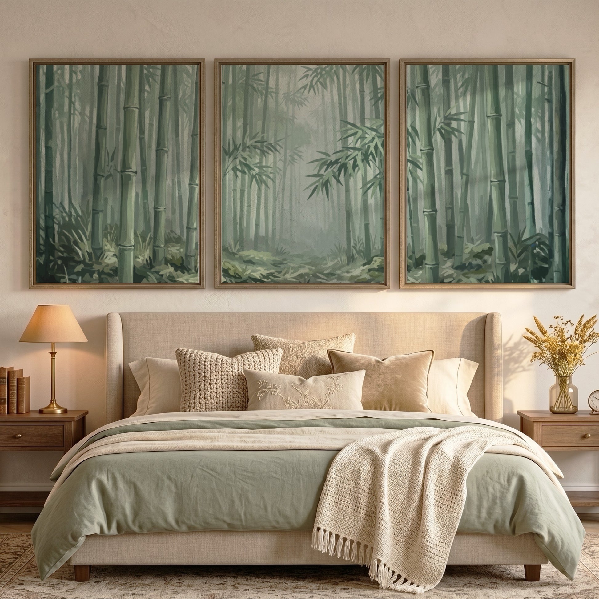 Triptych wall decor featuring a misty bamboo forest in soft green and grey tones