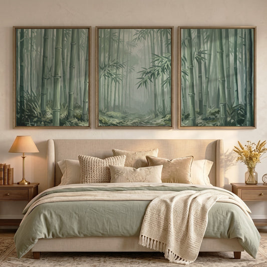 Triptych wall decor featuring a misty bamboo forest in soft green and grey tones
