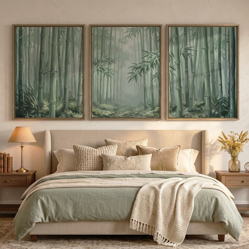 Triptych wall decor featuring a misty bamboo forest in soft green and grey tones