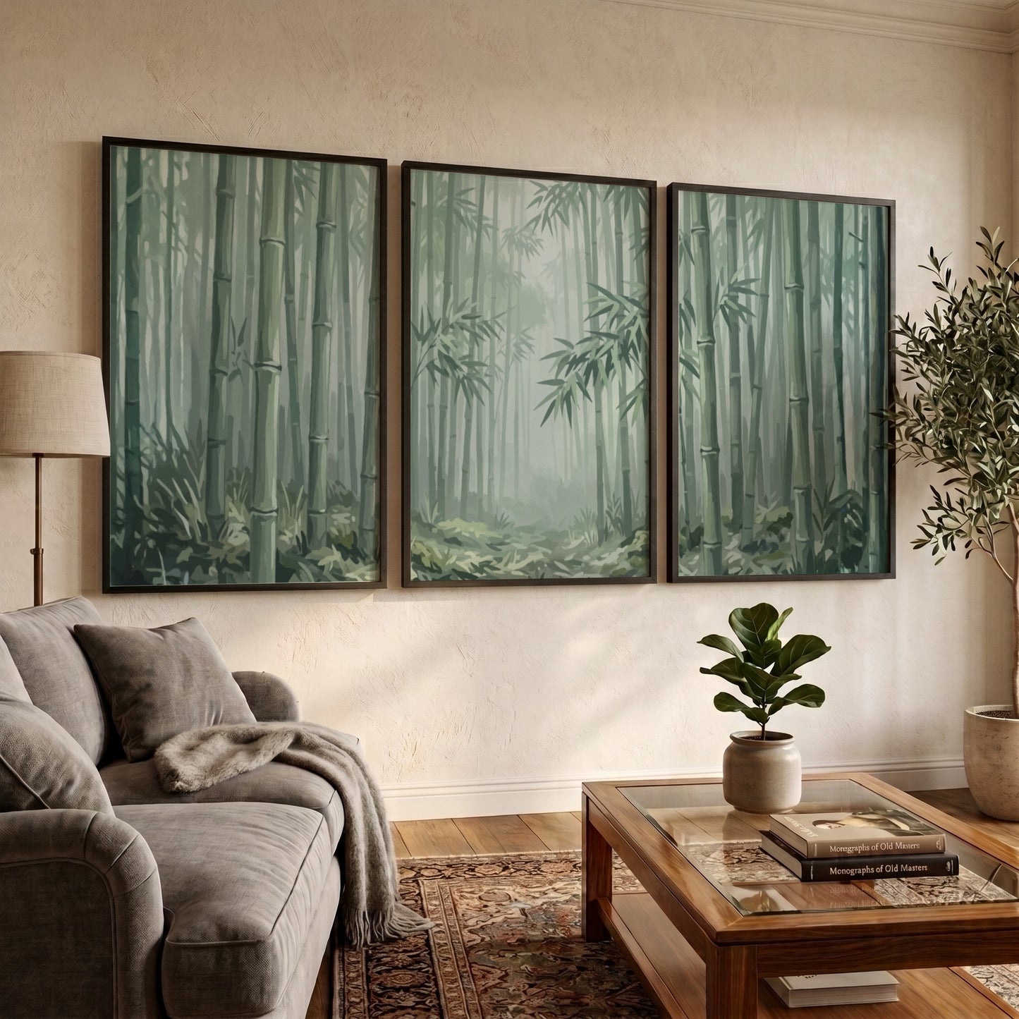 Triptych wall decor featuring a misty bamboo forest in soft green and grey tones