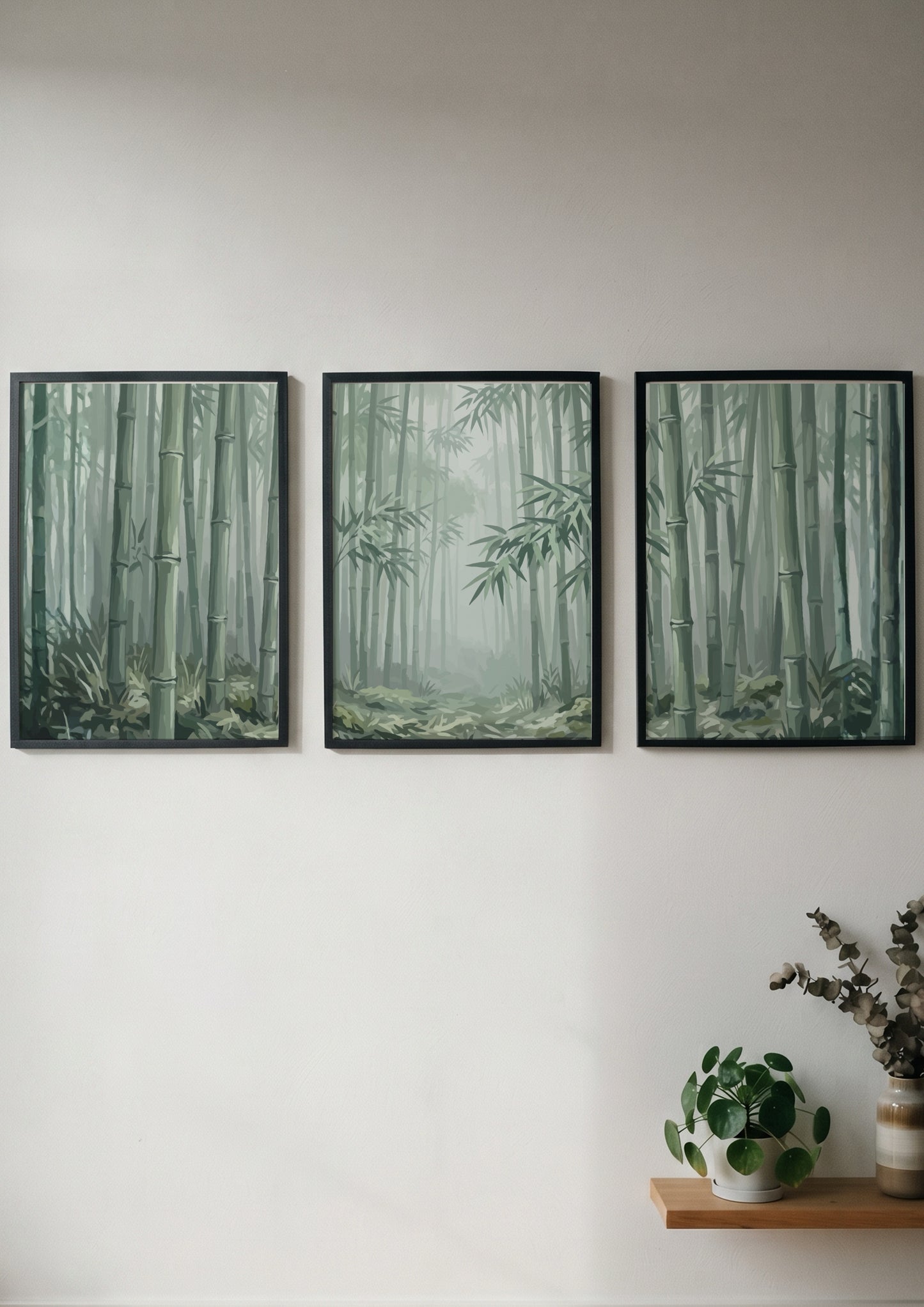 Triptych wall decor featuring a misty bamboo forest in soft green and grey tones