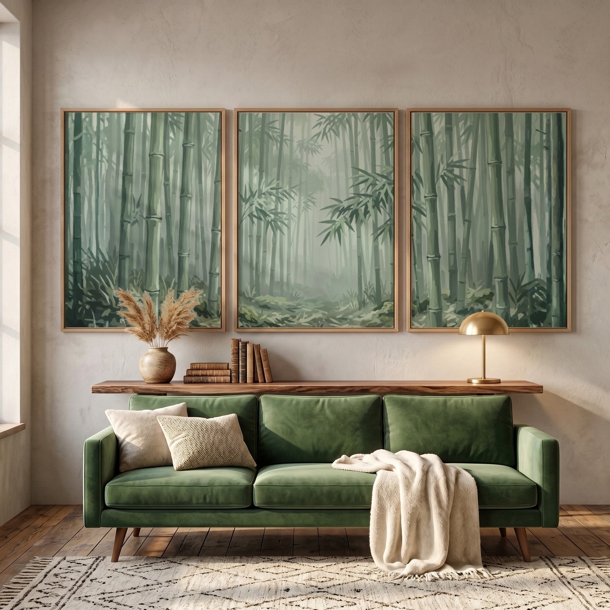 Triptych wall decor featuring a misty bamboo forest in soft green and grey tones