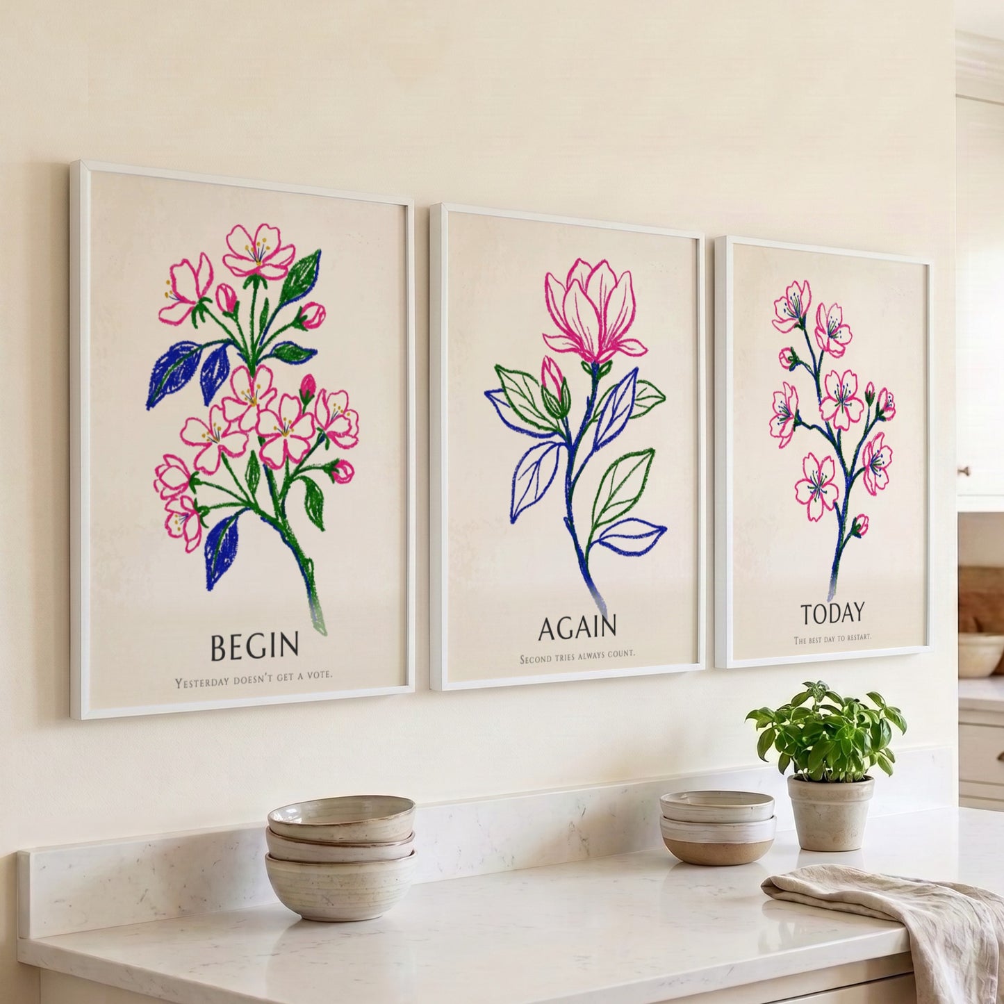 Poster set of three featuring floral drawings with Today Again Begin text in pink