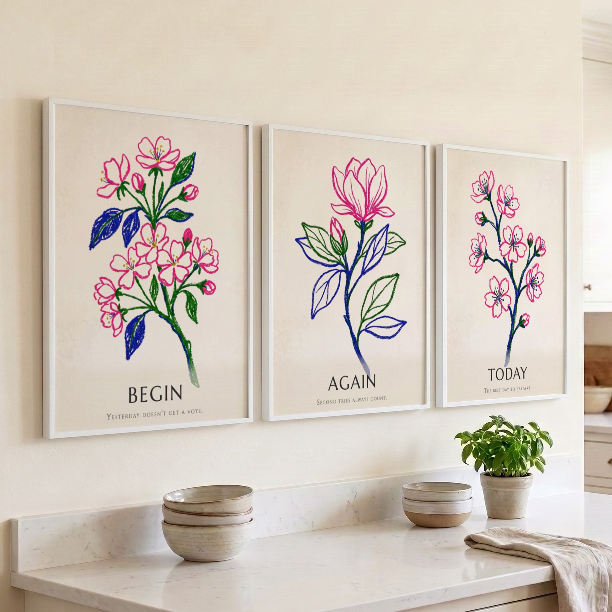 Poster set of three featuring floral drawings with Today Again Begin text in pink