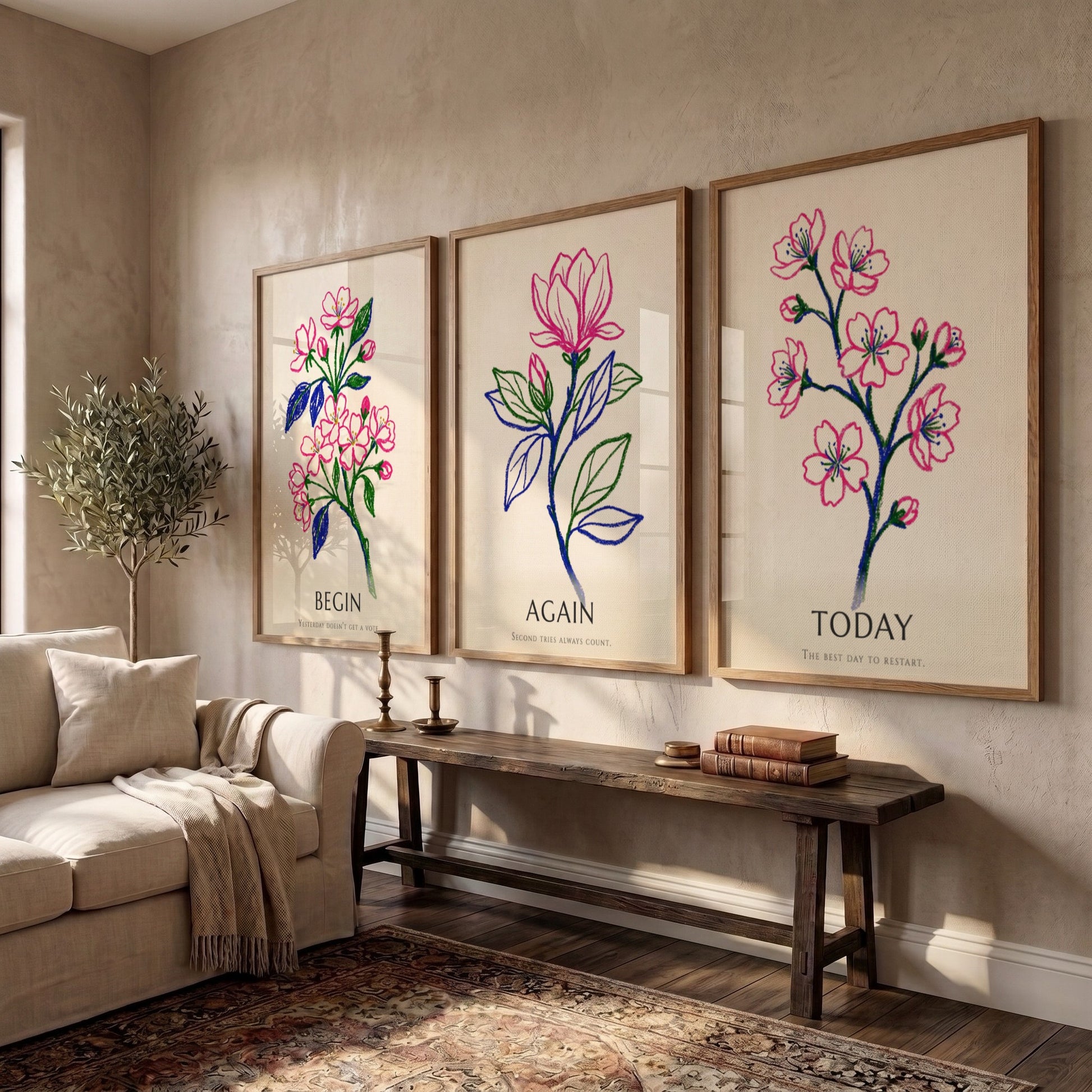 Poster set of three featuring floral drawings with Today Again Begin text in pink