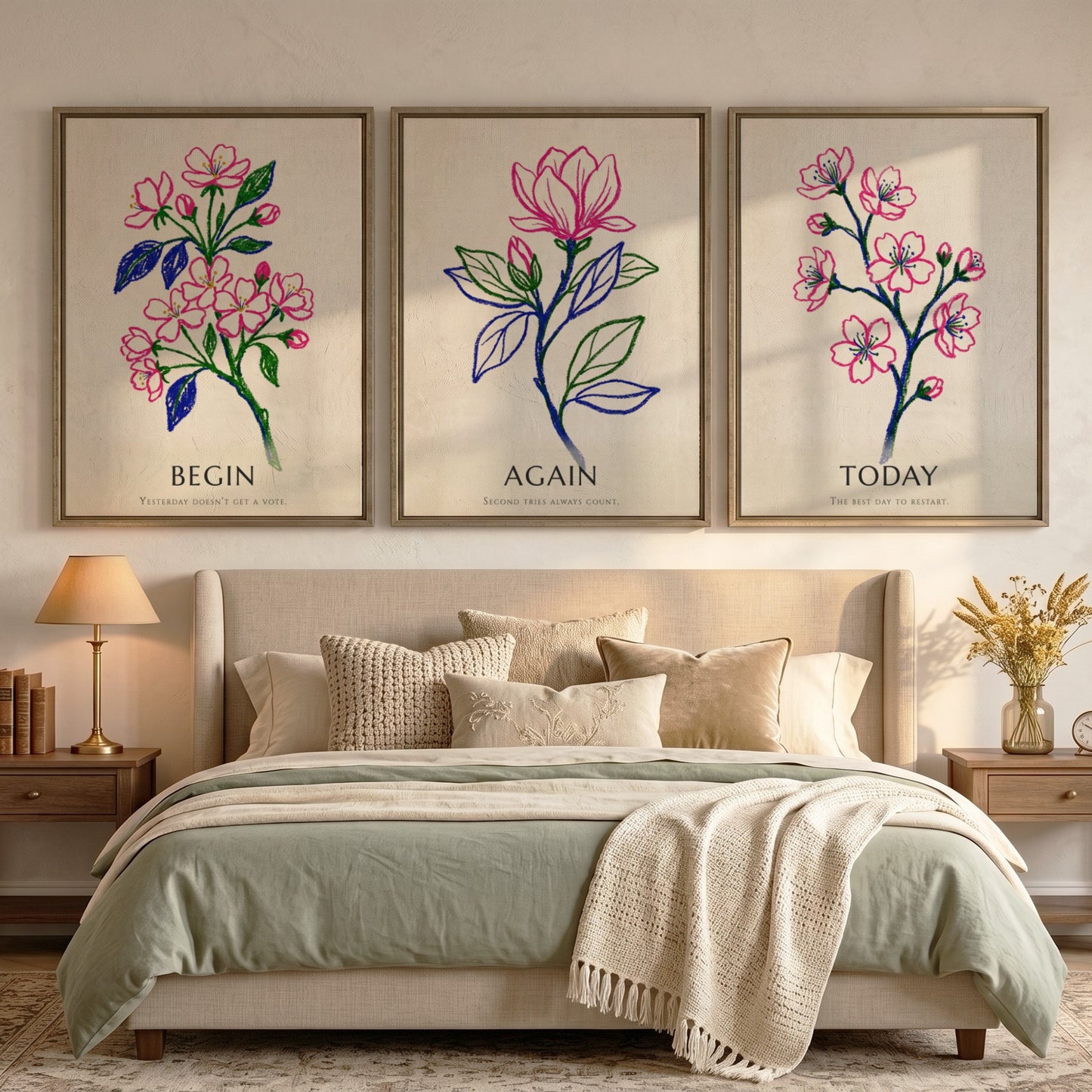 Poster set of three featuring floral drawings with Today Again Begin text in pink