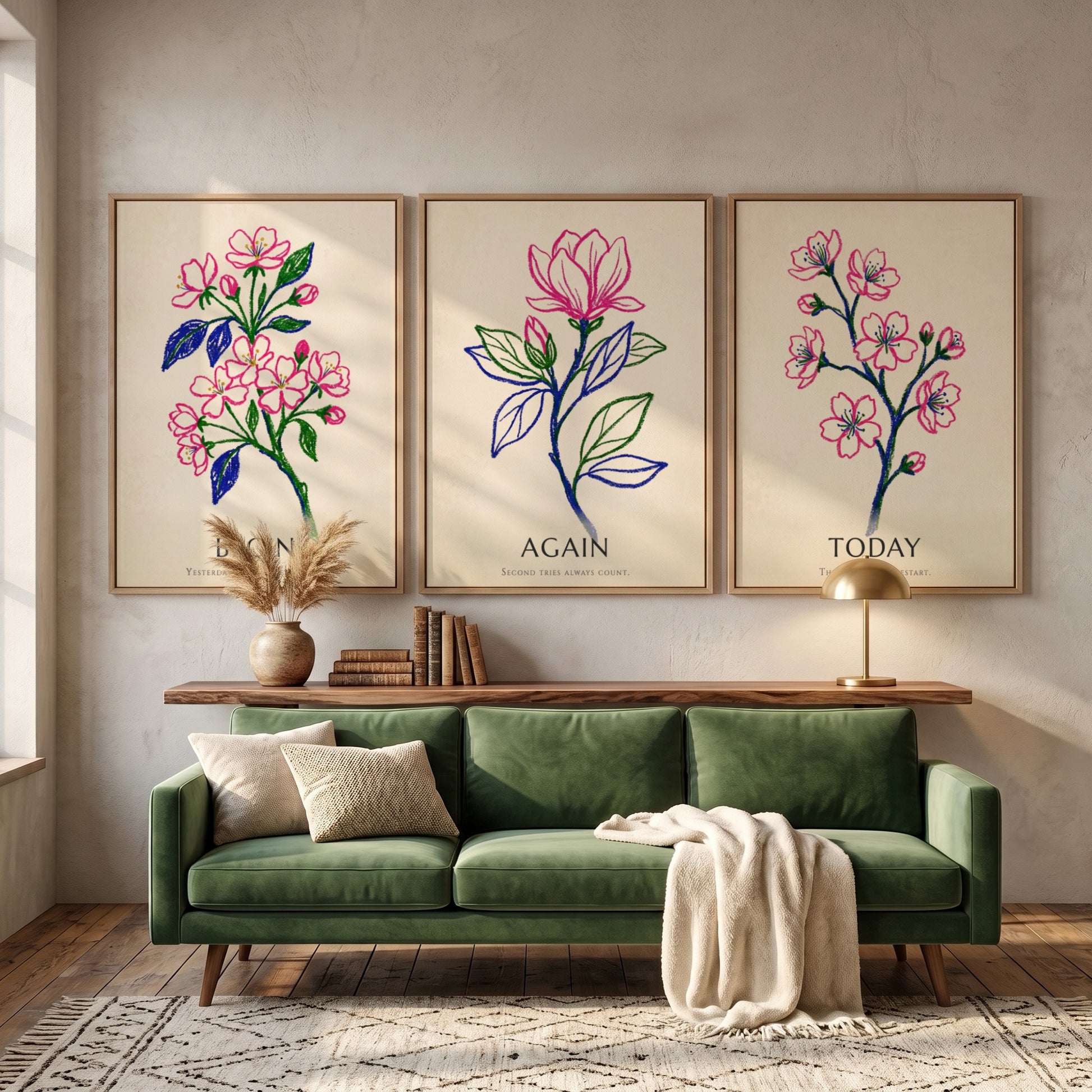 Poster set of three featuring floral drawings with Today Again Begin text in pink