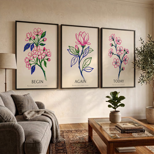 Poster set of three featuring floral drawings with Today Again Begin text in pink