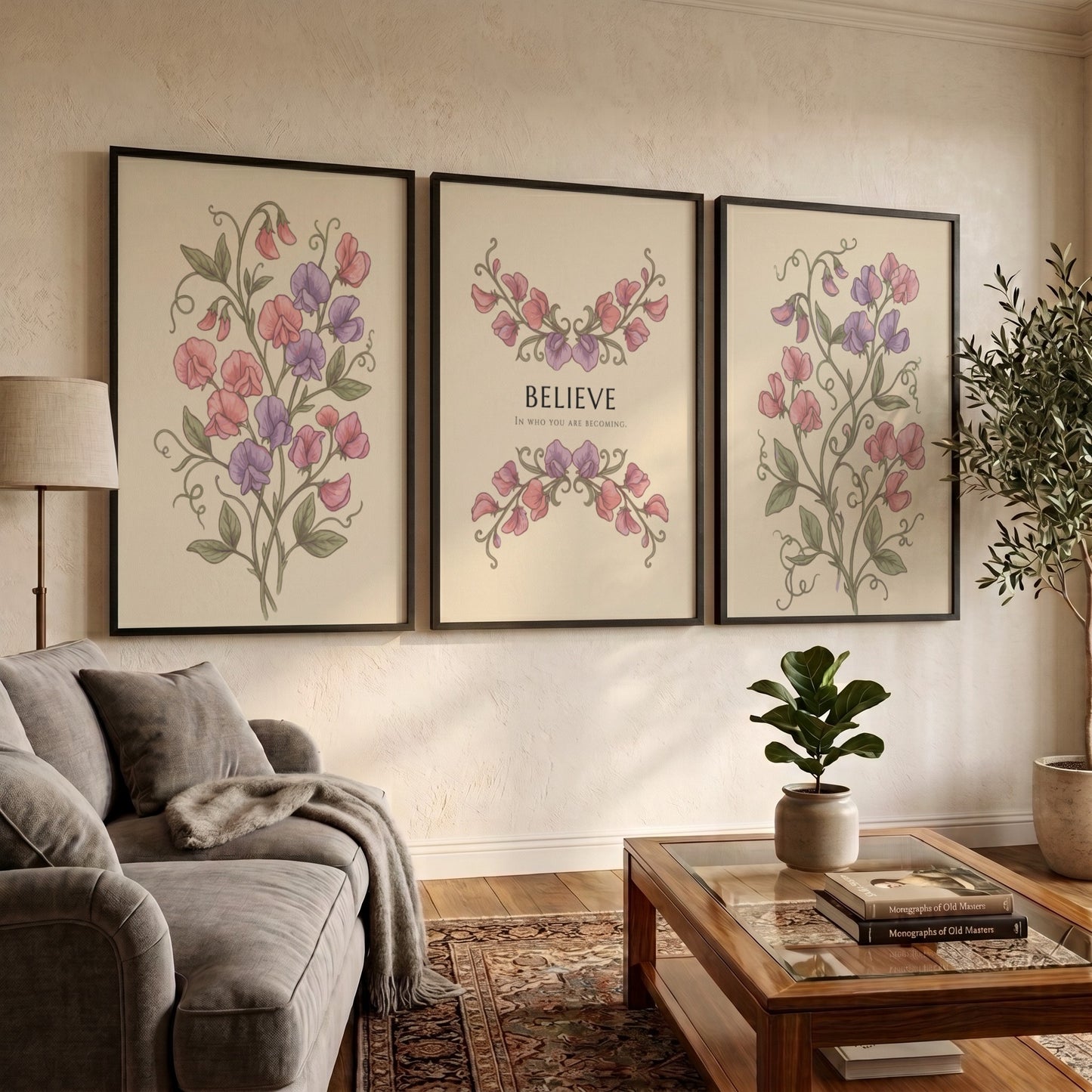 Poster triptych featuring sweet pea flowers and the word believe on a cream background.