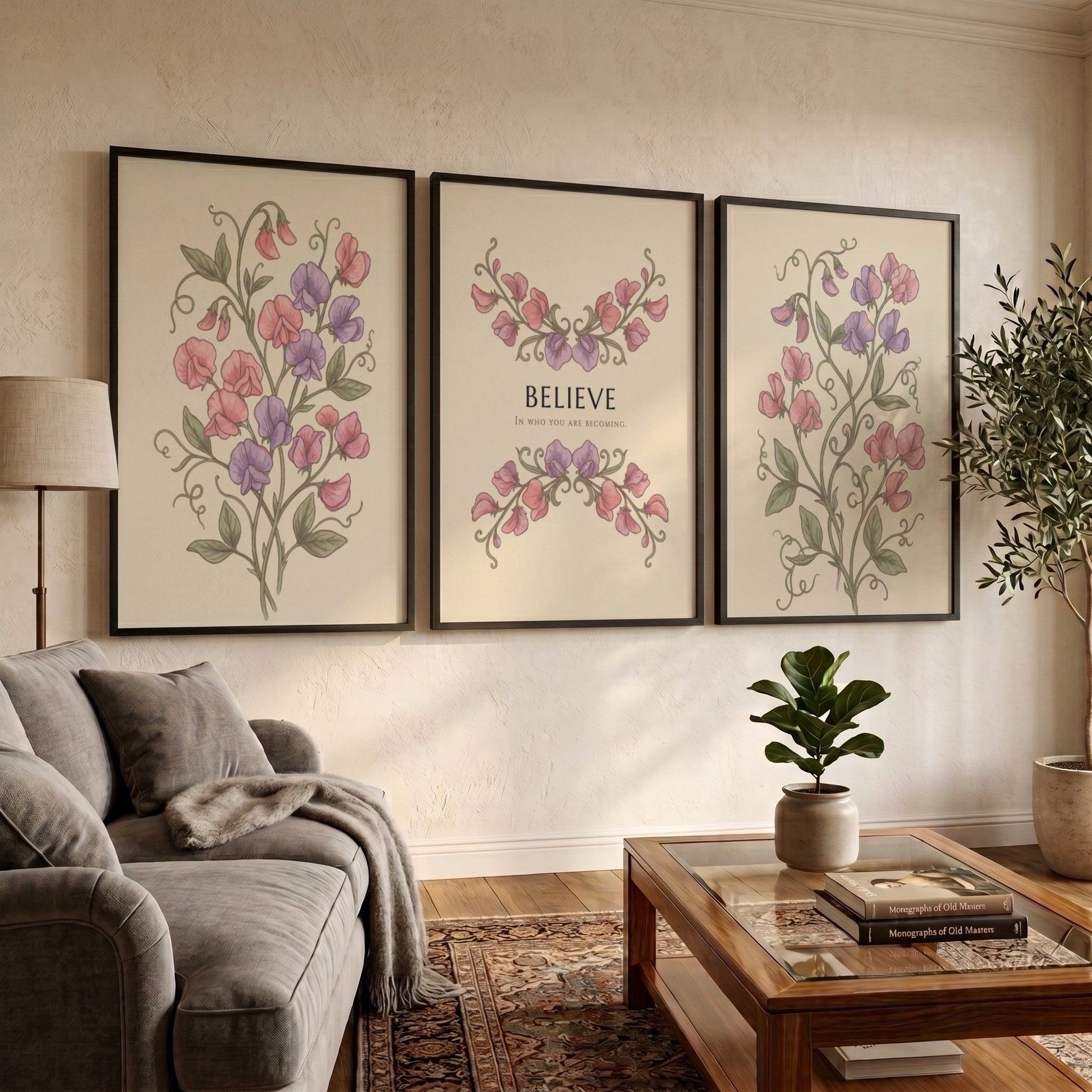 Poster triptych featuring sweet pea flowers and the word believe on a cream background.