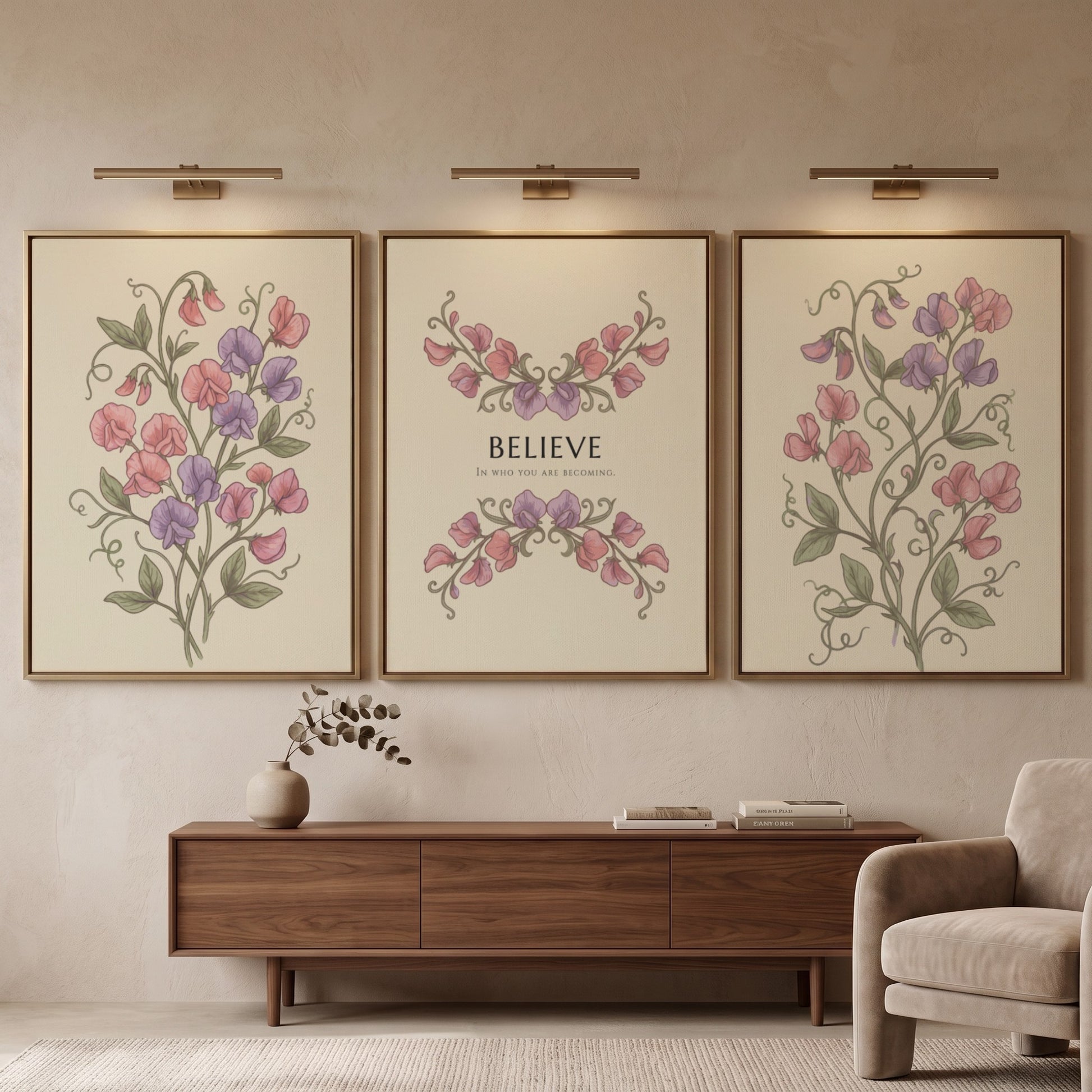 Poster triptych featuring sweet pea flowers and the word believe on a cream background.