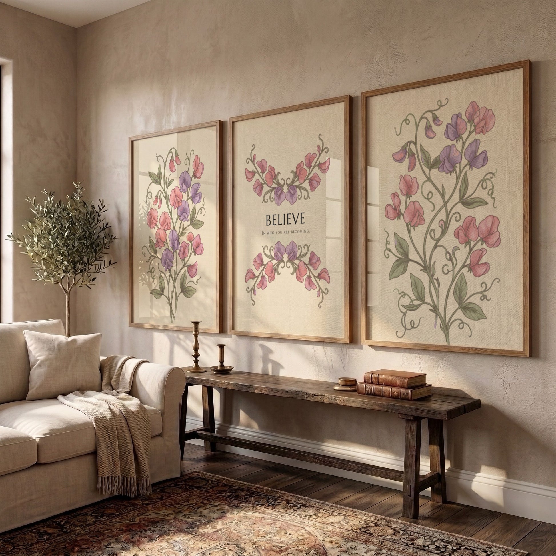 Poster triptych featuring sweet pea flowers and the word believe on a cream background.