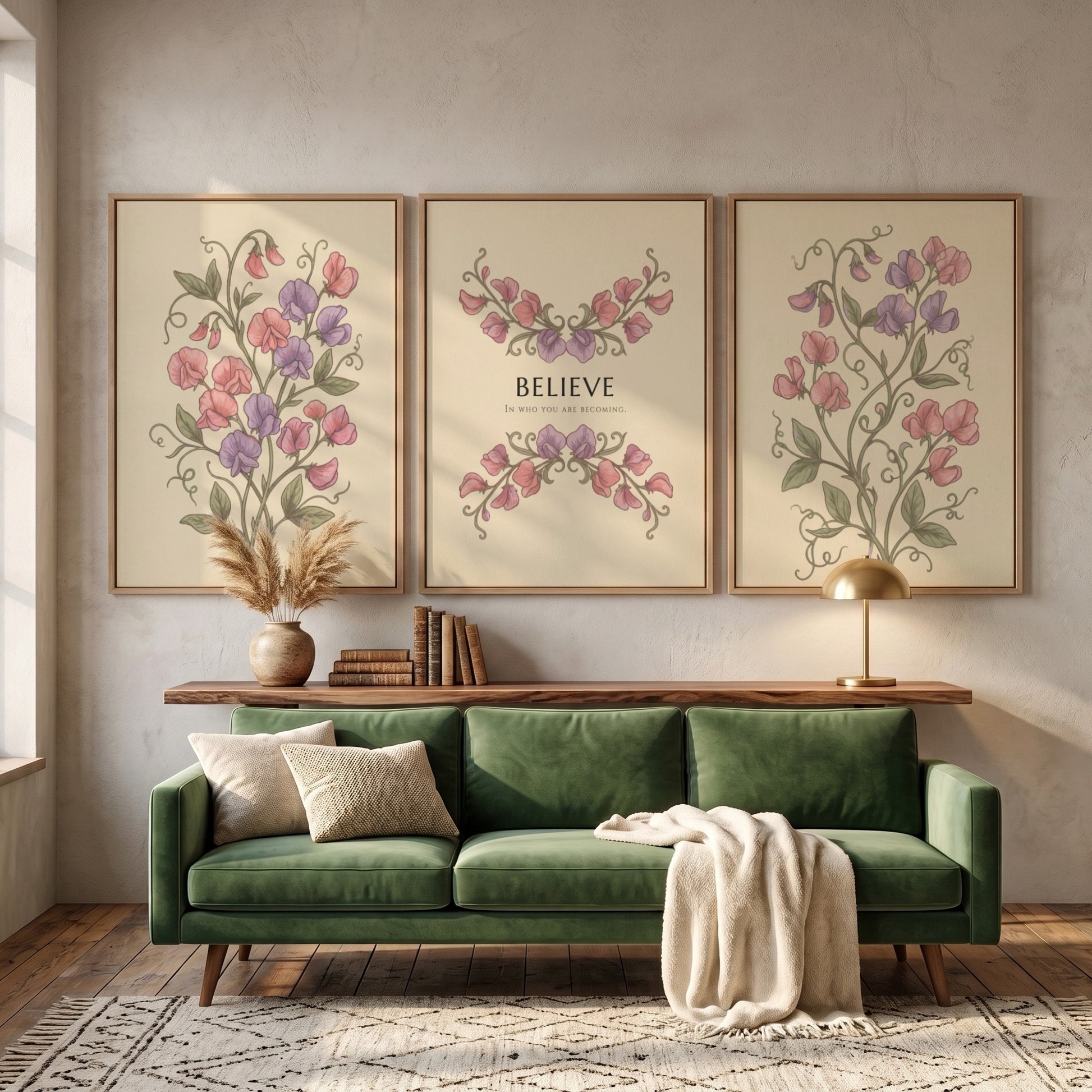Poster triptych featuring sweet pea flowers and the word believe on a cream background.