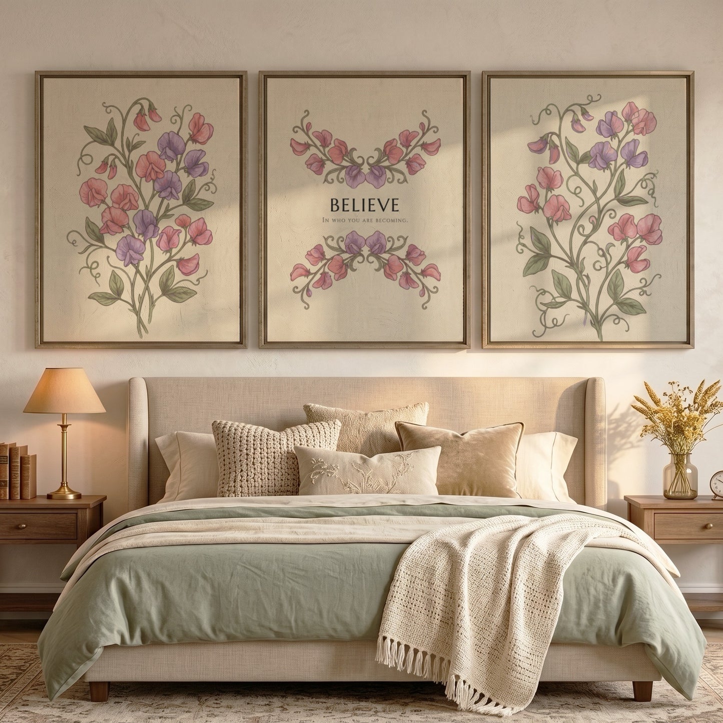 Poster triptych featuring sweet pea flowers and the word believe on a cream background.