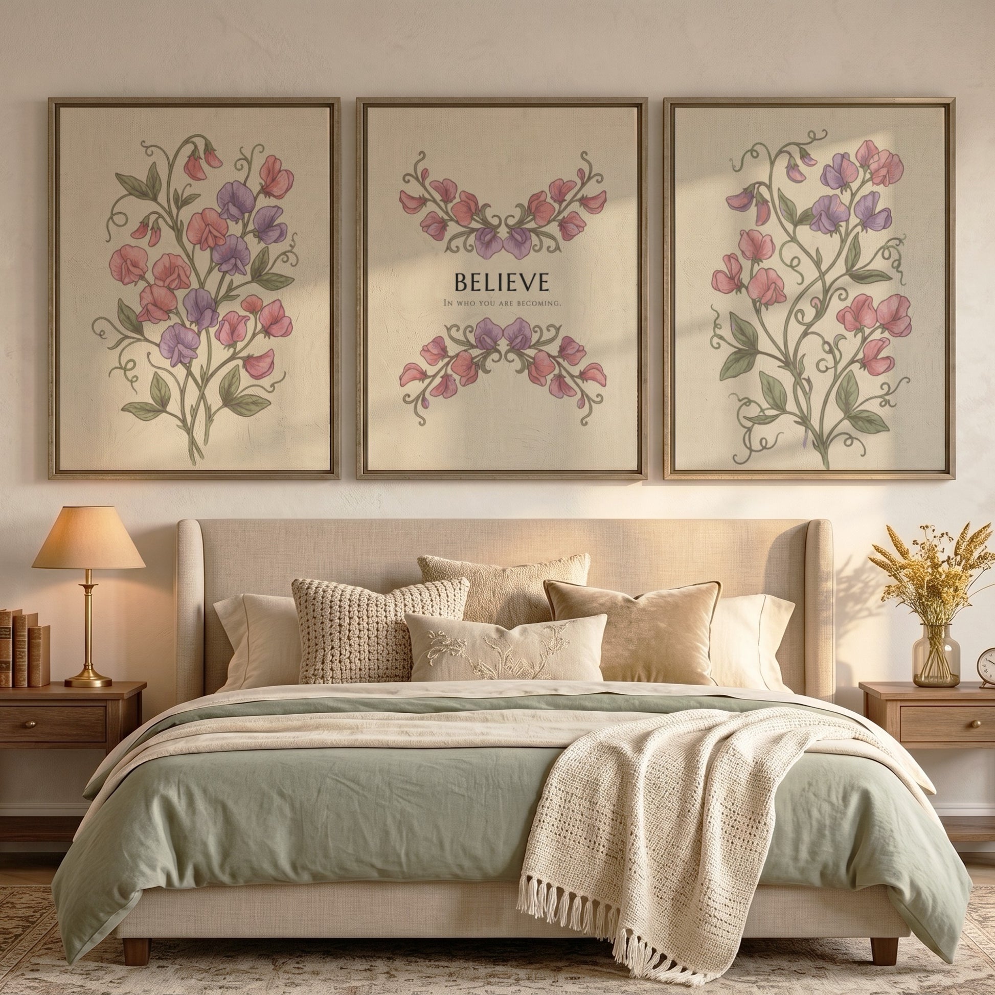 Poster triptych featuring sweet pea flowers and the word believe on a cream background.